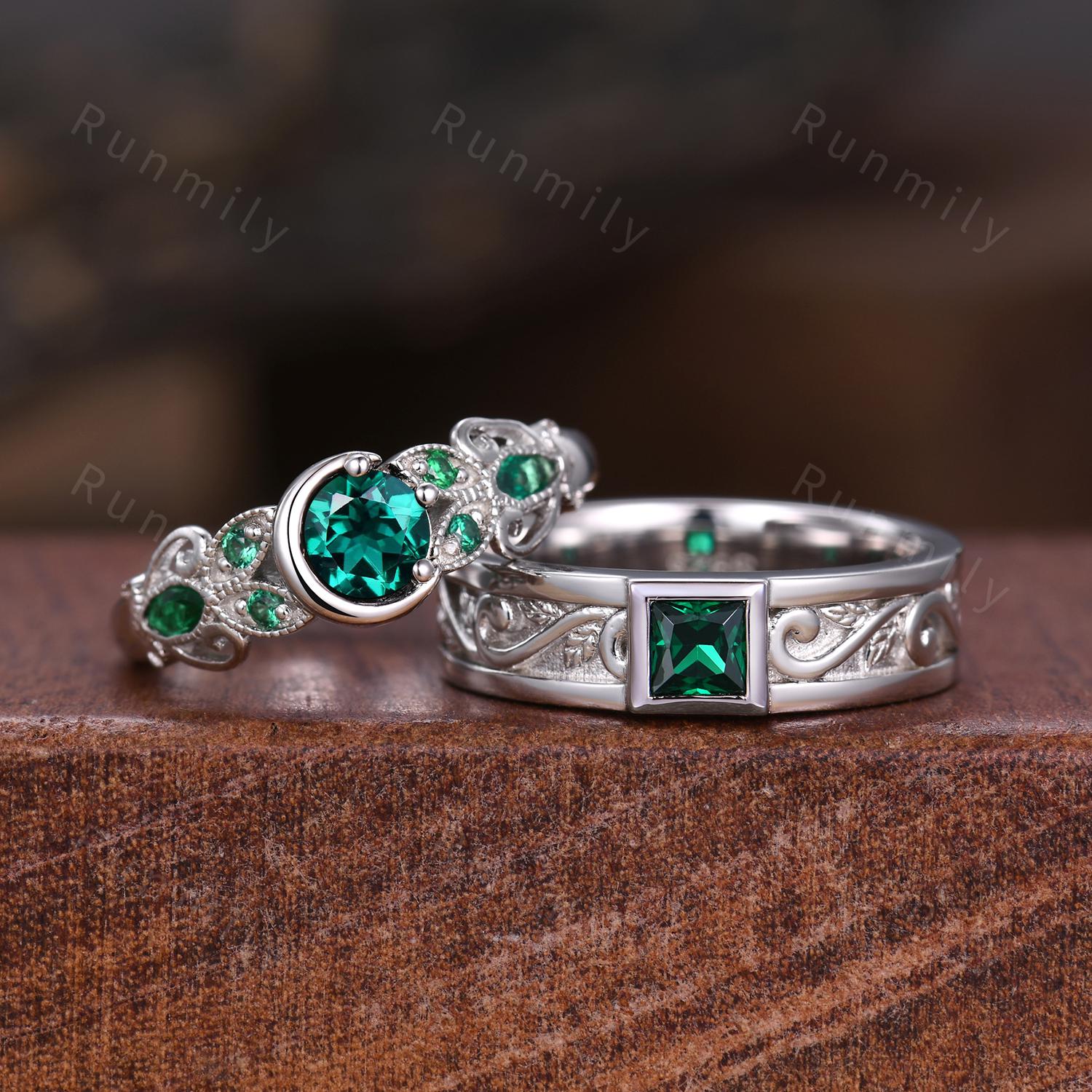 His and Hers Emerald Wedding Ring Set Vintage Emerald Couples Ring Sterling Silver Ring Mens Princess cut Ring May Birthstone Jewelry Gifts