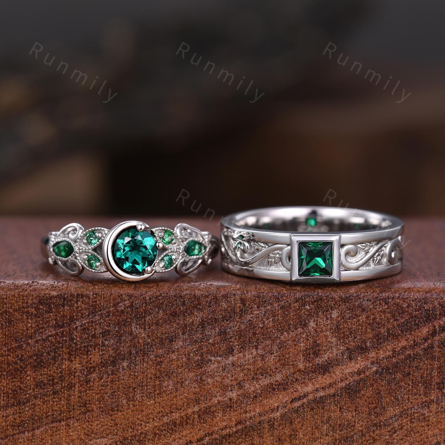 His and Hers Emerald Wedding Ring Set Vintage Emerald Couples Ring Sterling Silver Ring Mens Princess cut Ring May Birthstone Jewelry Gifts