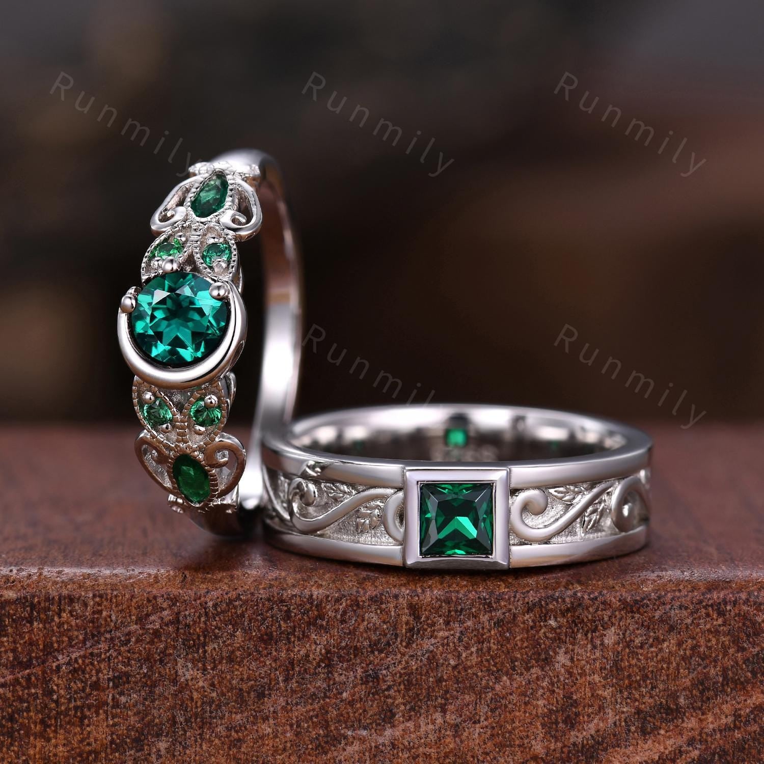 His and Hers Emerald Wedding Ring Set Vintage Emerald Couples Ring Sterling Silver Ring Mens Princess cut Ring May Birthstone Jewelry Gifts