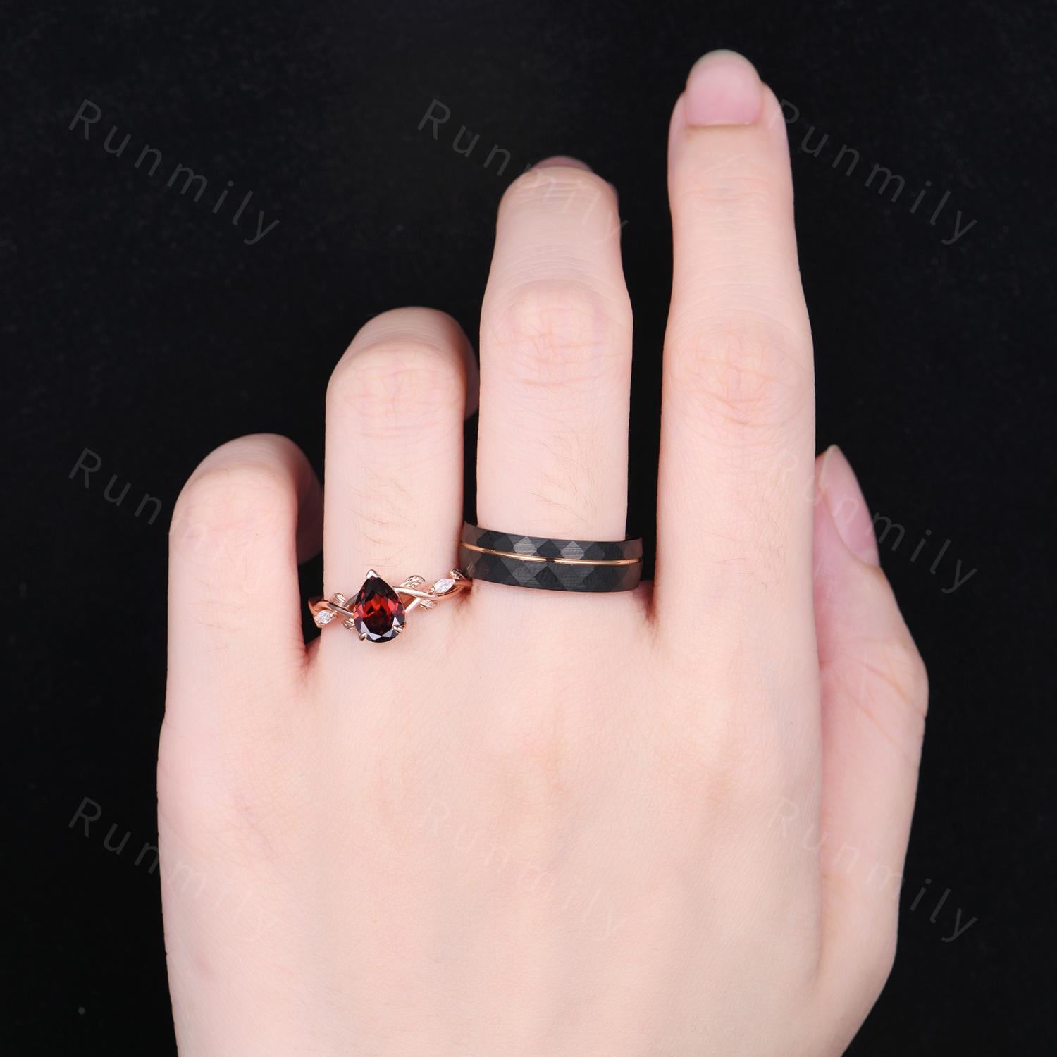 Vintage Garnet Couples Ring Rose Gold Matching Ring Set His And Hers Wedding Band Promise Rings For Men For Women Branch Leaf Ring Pear Cut