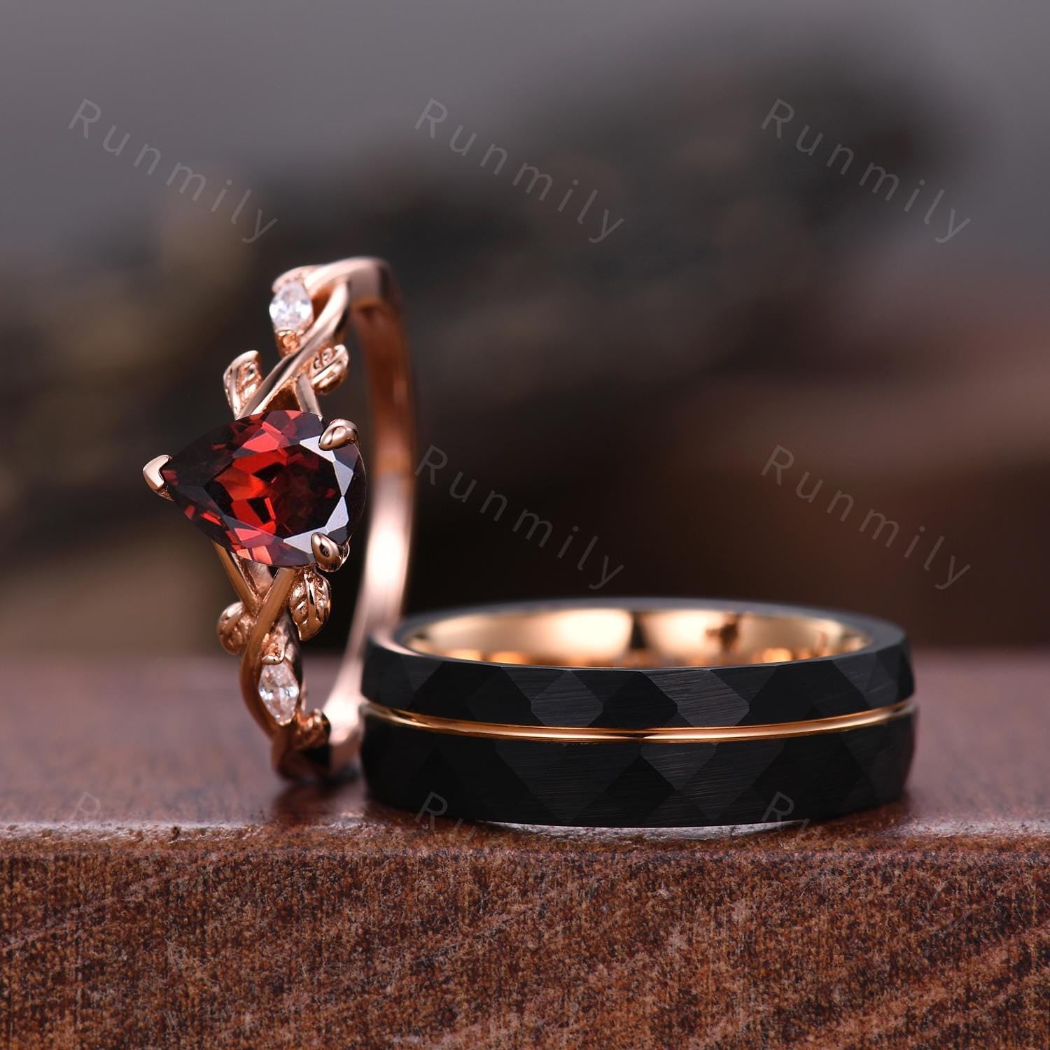 Vintage Garnet Couples Ring Rose Gold Matching Ring Set His And Hers Wedding Band Promise Rings For Men For Women Branch Leaf Ring Pear Cut