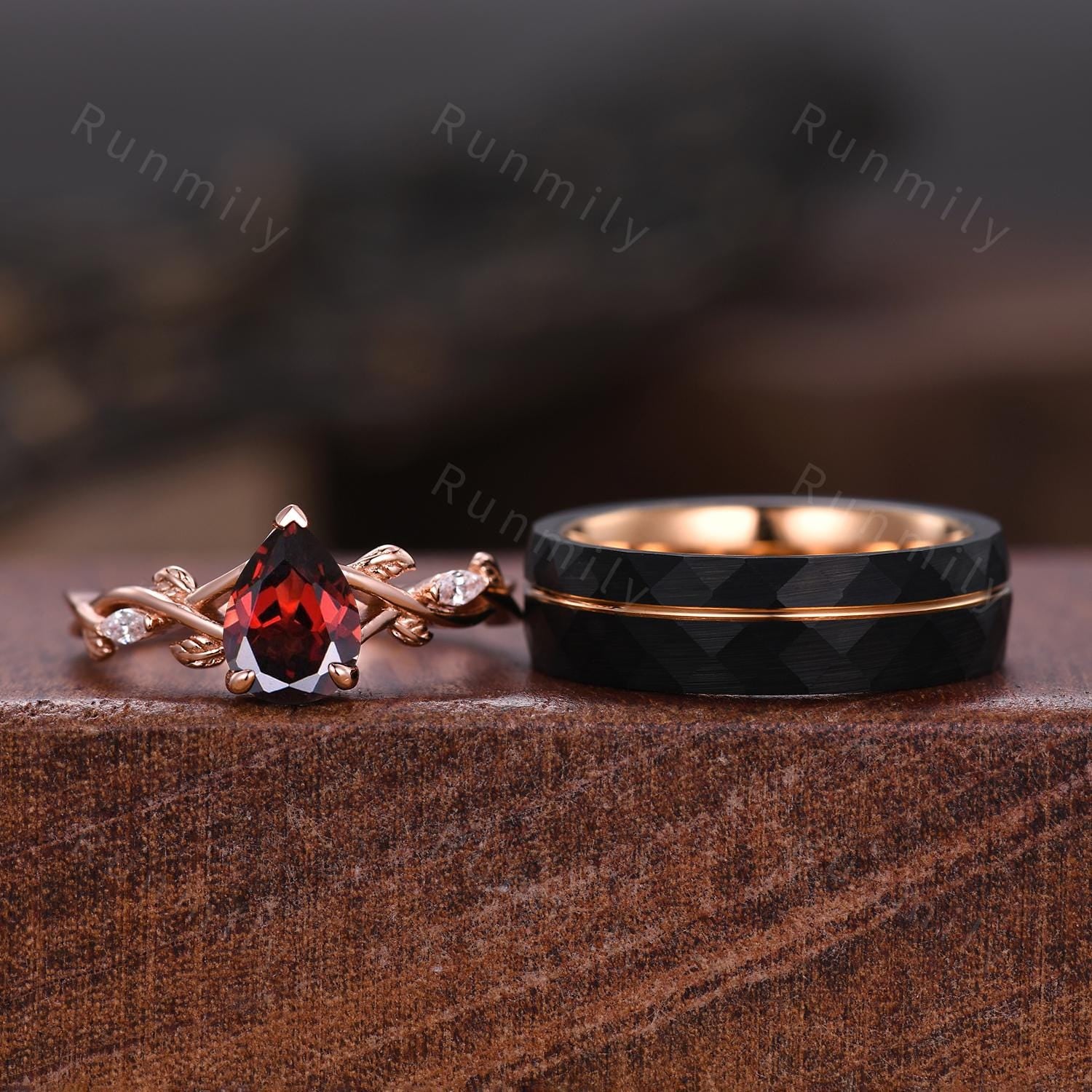 Vintage Garnet Couples Ring Rose Gold Matching Ring Set His And Hers Wedding Band Promise Rings For Men For Women Branch Leaf Ring Pear Cut