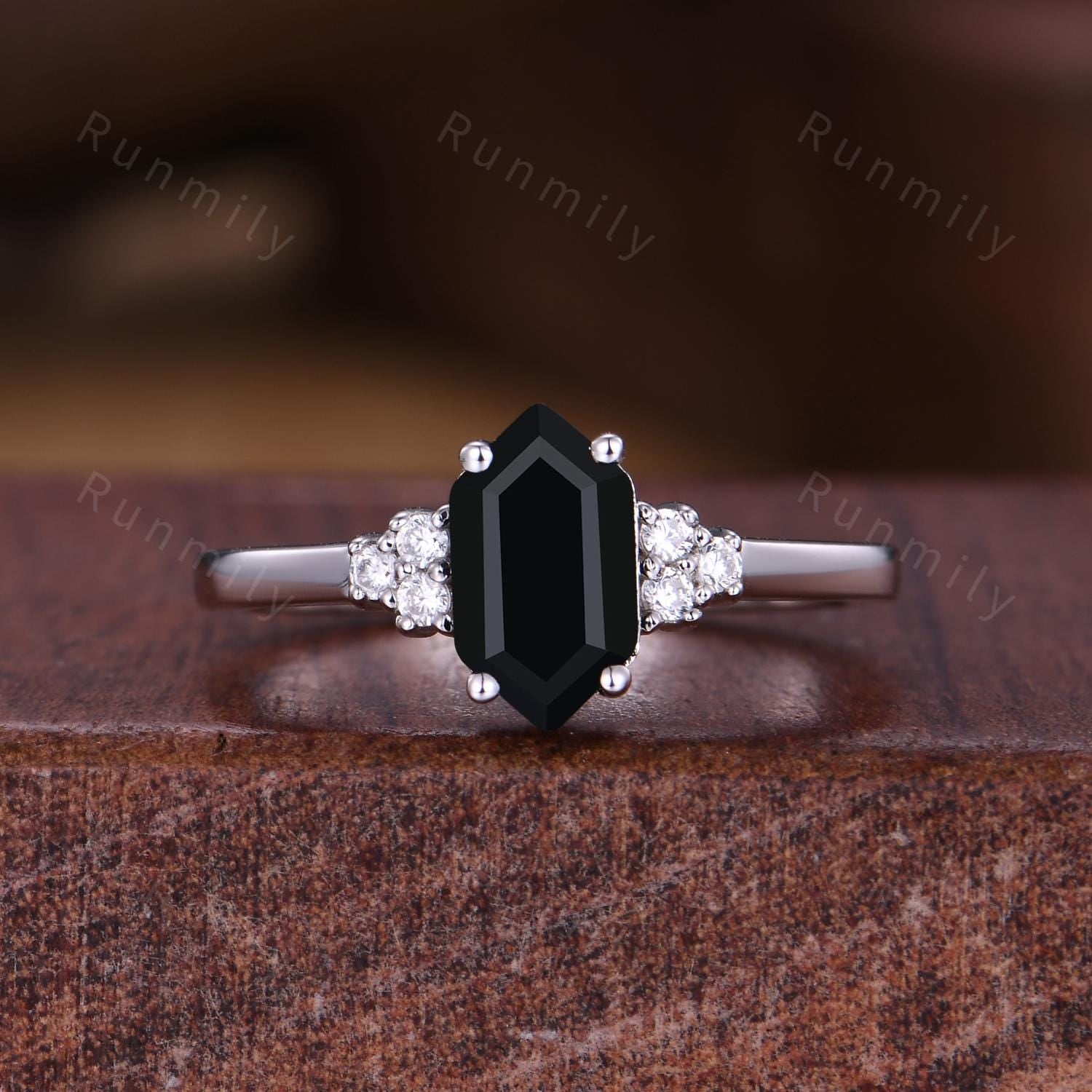 Delicate Black Onyx Couples Ring Hexagon cut Black Gem Engagement Ring His and Hers Wedding Band Mens Tungsten Ring Unique Anniversary Gift