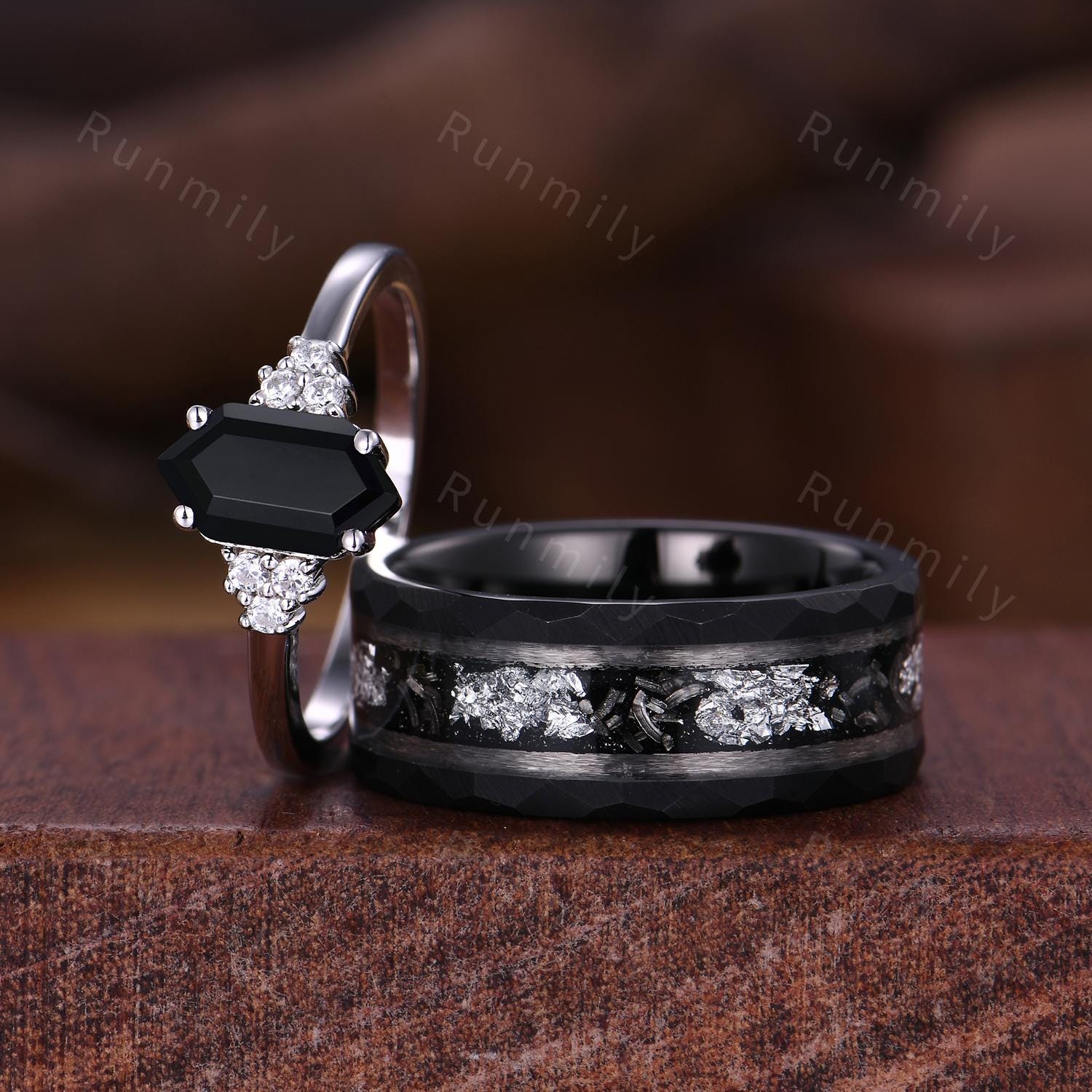 Delicate Black Onyx Couples Ring Hexagon cut Black Gem Engagement Ring His and Hers Wedding Band Mens Tungsten Ring Unique Anniversary Gift