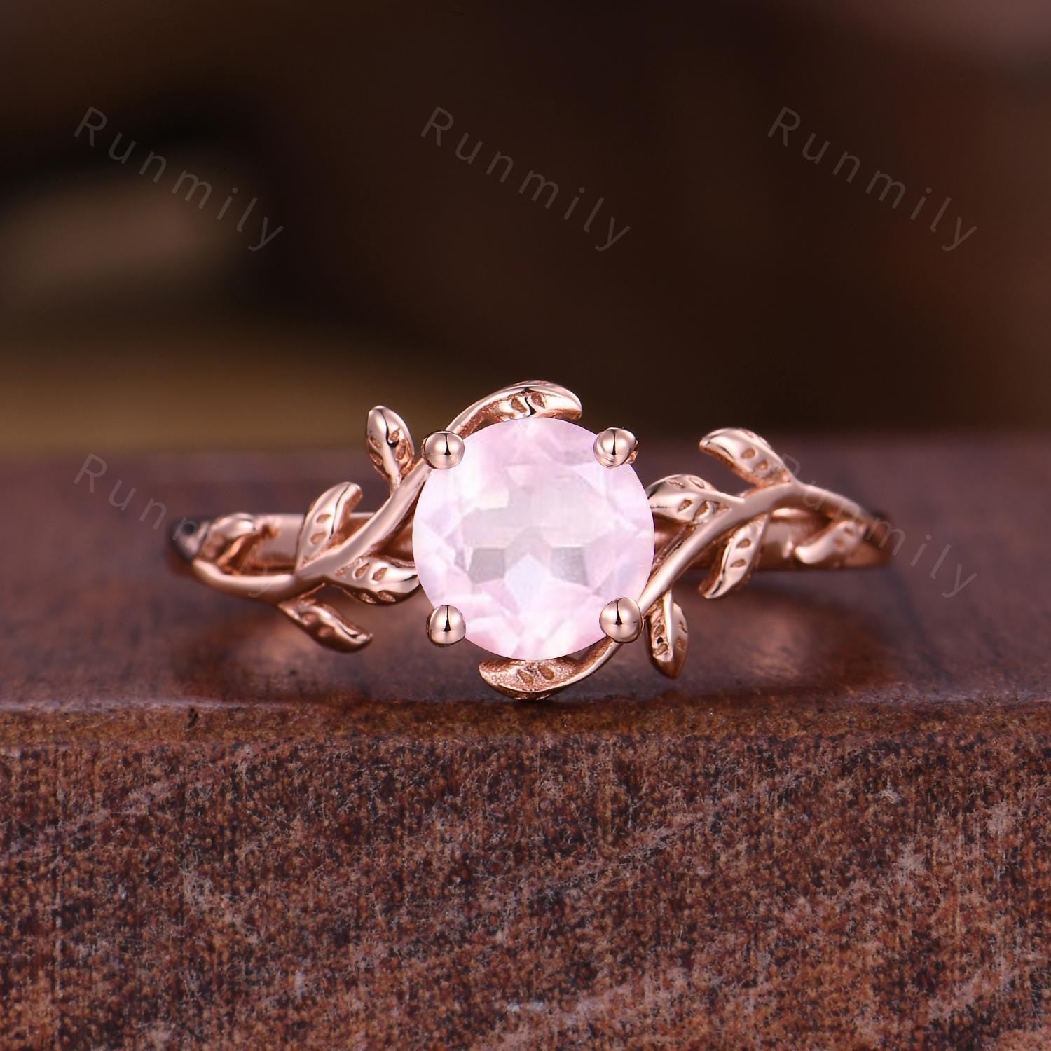 Twig Leaf Rose Quartz Couples Ring Rose Gold Matching Ring Set His and Hers Wedding Band Promise Ring For Men For Women Pink Gemstone Rings
