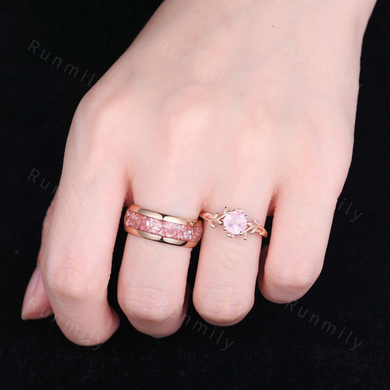 Twig Leaf Rose Quartz Couples Ring Rose Gold Matching Ring Set His and Hers Wedding Band Promise Ring For Men For Women Pink Gemstone Rings