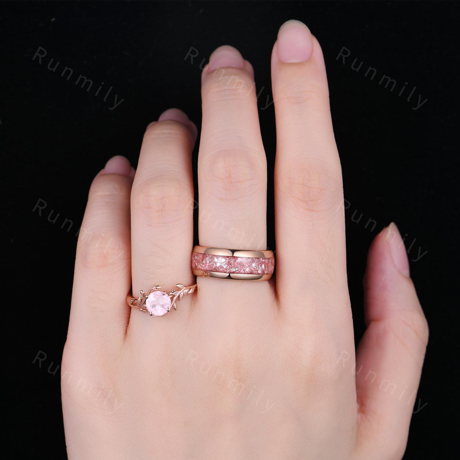 Twig Leaf Rose Quartz Couples Ring Rose Gold Matching Ring Set His and Hers Wedding Band Promise Ring For Men For Women Pink Gemstone Rings