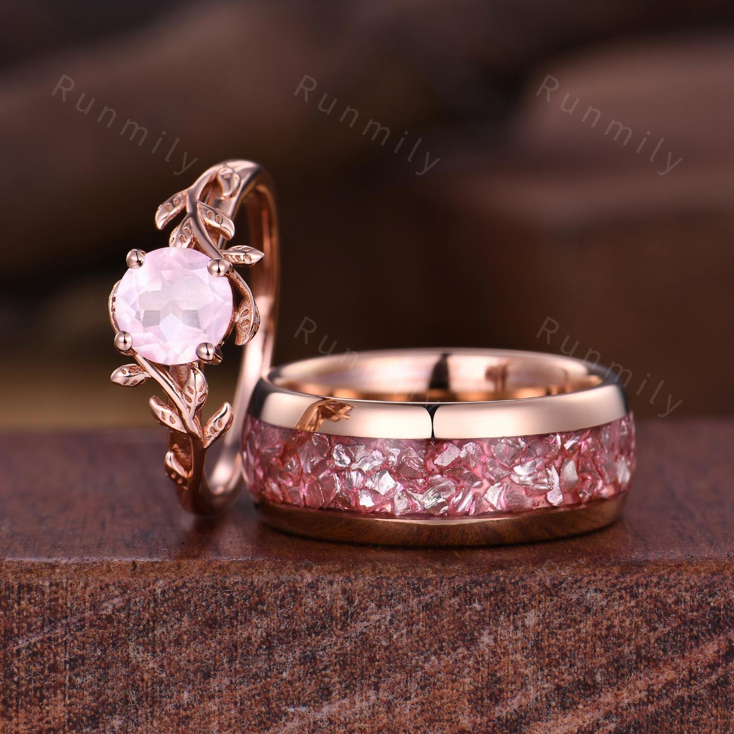 Twig Leaf Rose Quartz Couples Ring Rose Gold Matching Ring Set His and Hers Wedding Band Promise Ring For Men For Women Pink Gemstone Rings