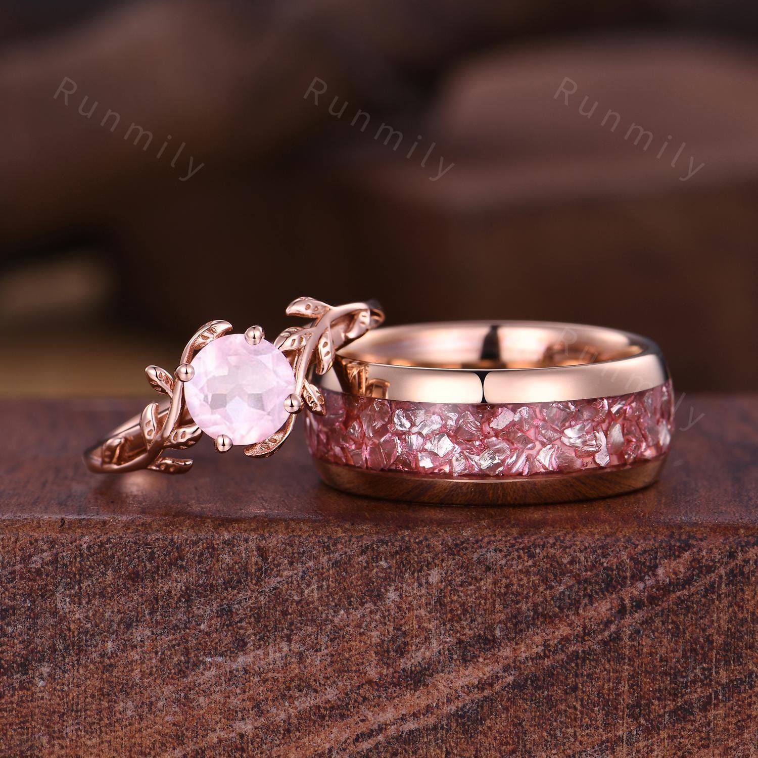 Twig Leaf Rose Quartz Couples Ring Rose Gold Matching Ring Set His and Hers Wedding Band Promise Ring For Men For Women Pink Gemstone Rings