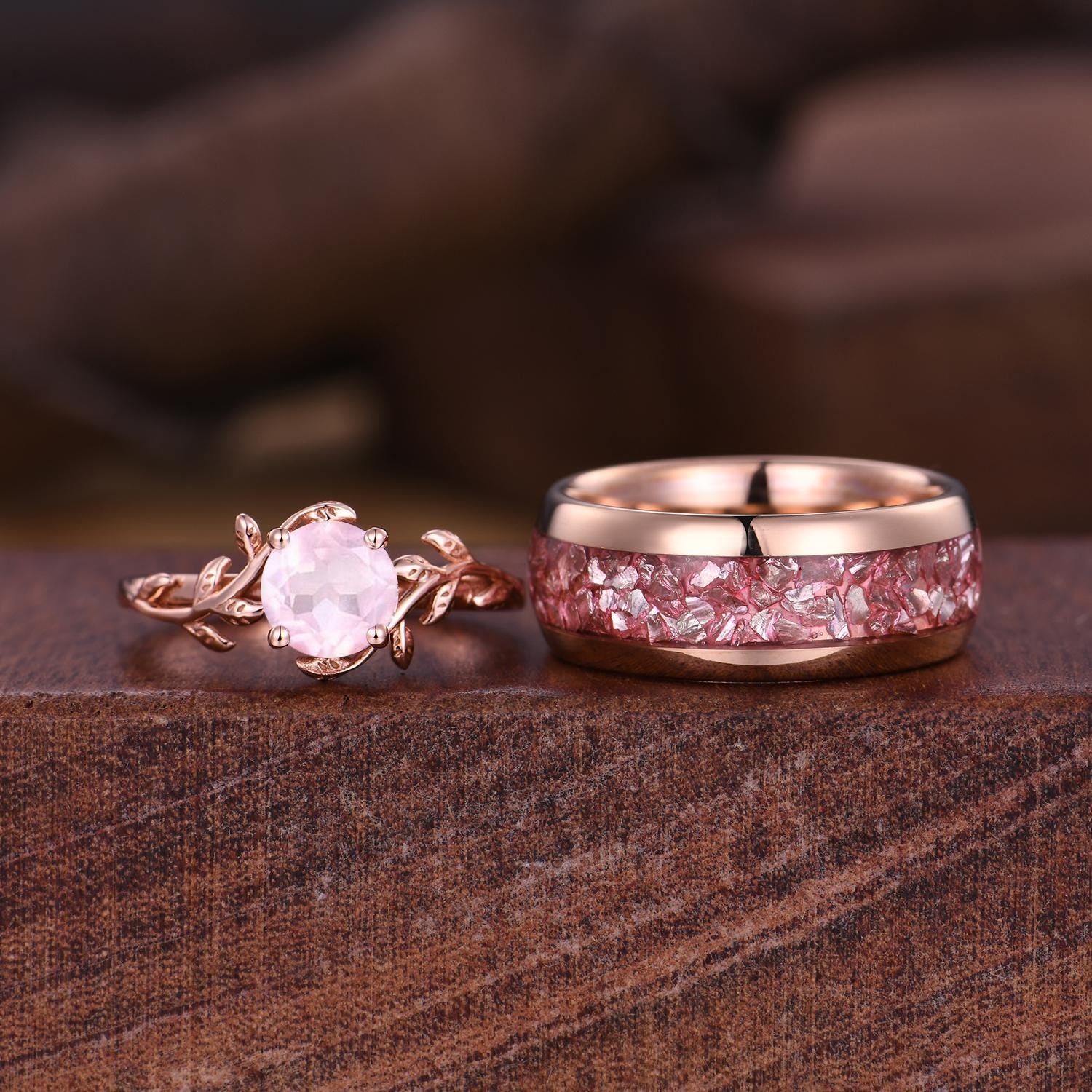 Twig Leaf Rose Quartz Couples Ring Rose Gold Matching Ring Set His and Hers Wedding Band Promise Ring For Men For Women Pink Gemstone Rings