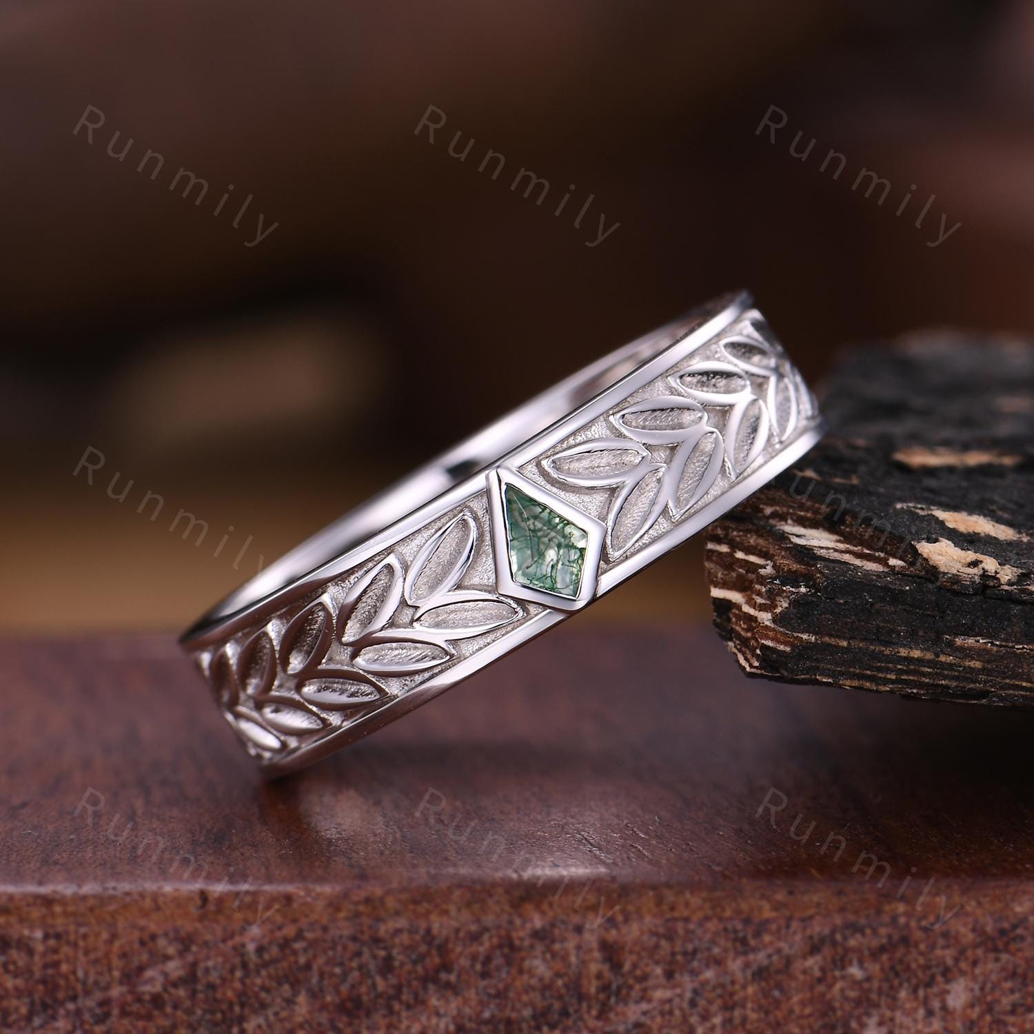 Mens Moss Agate Wedding Band Unique Kite cut Wedding Band For Mens Natural Green Agate Ring His Engagement Ring Band Leaf-Inspired Ring