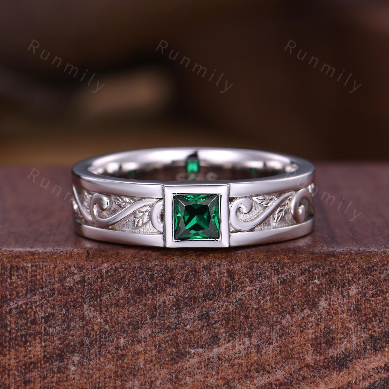 Men's Alexandrite Wedding Band White Gold Princess Cut Wedding Ring Mens Engagement Ring Vintage Wave Leaf Ring Mens Stacking Ring His Ring