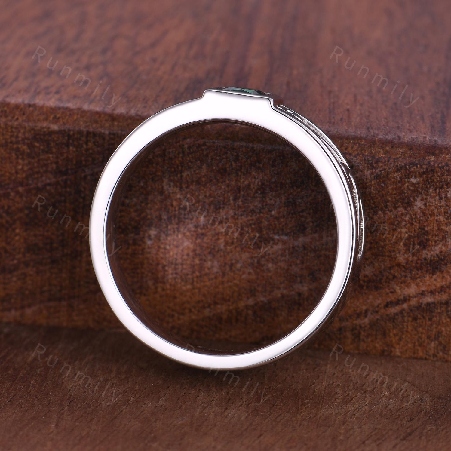 Men's Black Onyx Wedding Band White Gold Princess Cut Wedding Engagement Ring Vintage Wave Leaf Ring Mens Stacking Ring His Gemstone Ring