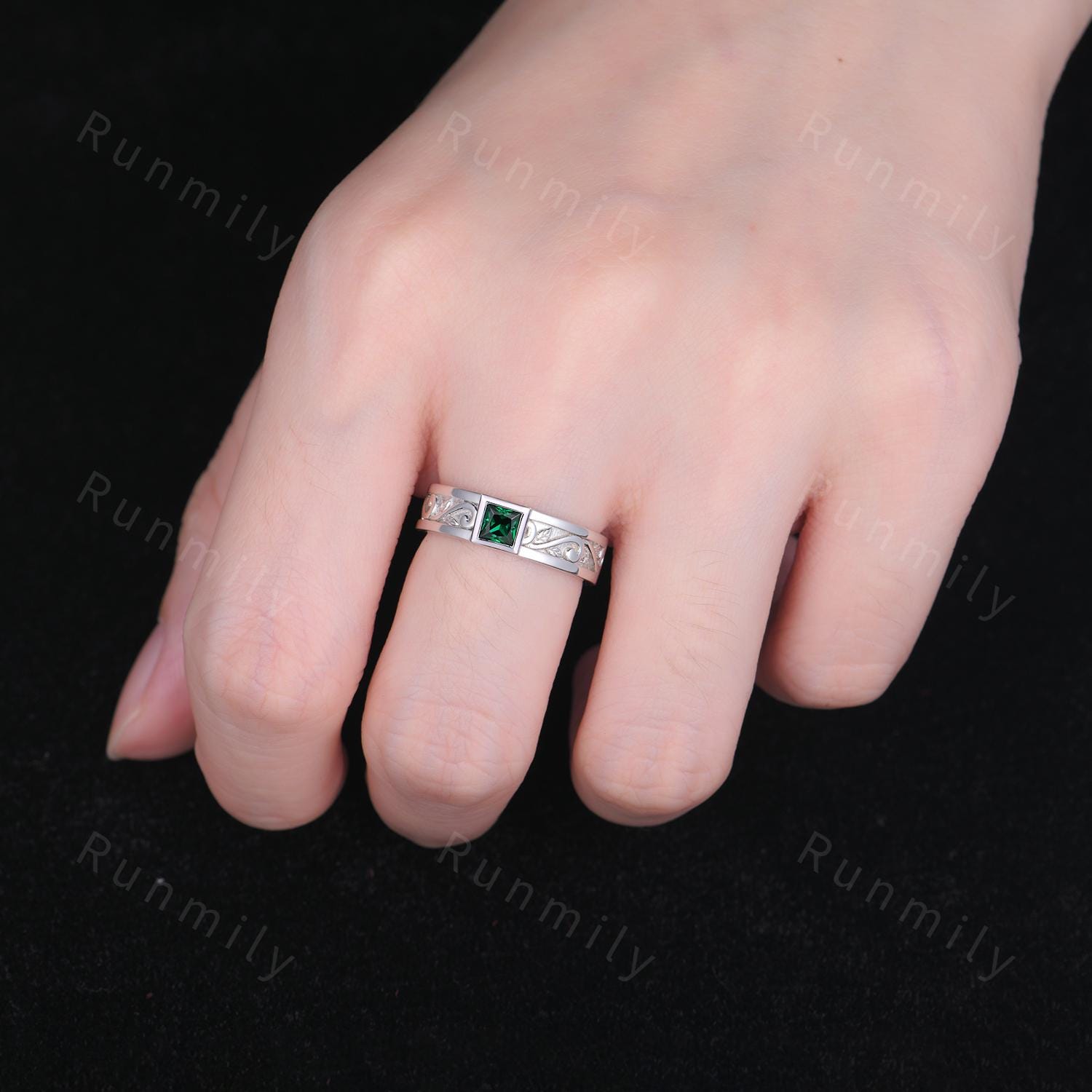 Men's Alexandrite Wedding Band White Gold Princess Cut Wedding Ring Mens Engagement Ring Vintage Wave Leaf Ring Mens Stacking Ring His Ring