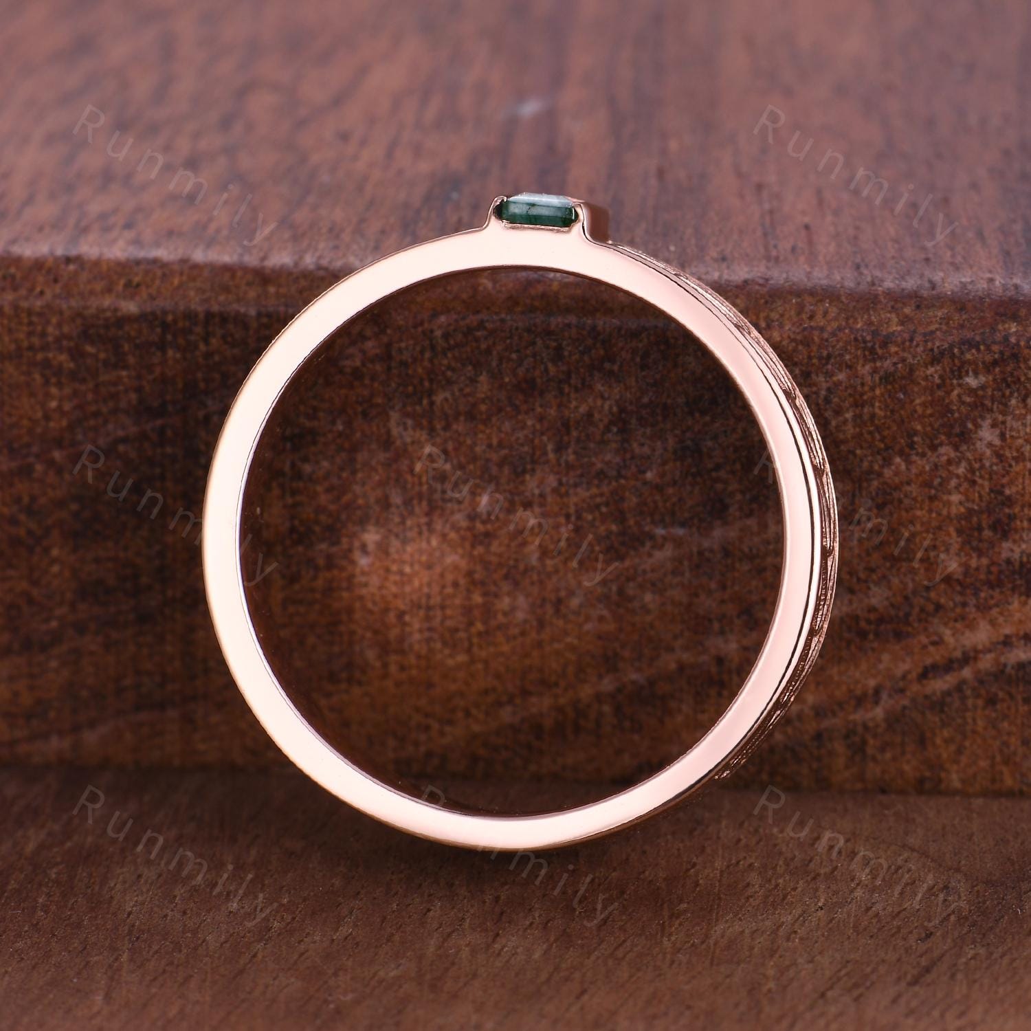 Baguette cut Moss Agate Wedding Band 5mm Mens Wedding Band Natural Green Agate Ring His Engagement Ring Band Leaf Style Ring Stacking Band