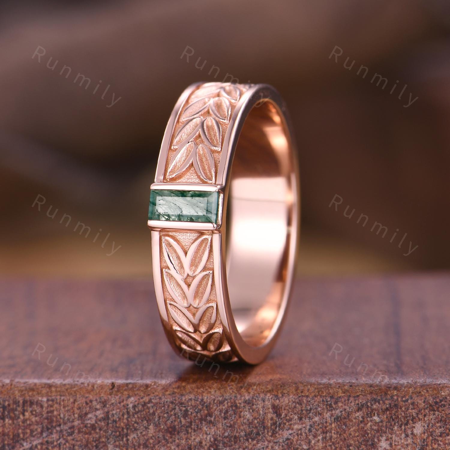 Baguette cut Alexandrite Wedding Band 5mm Mens Wedding Band Color Changing Stone Ring His Engagement Ring Band Leaf Style Ring Stacking Band