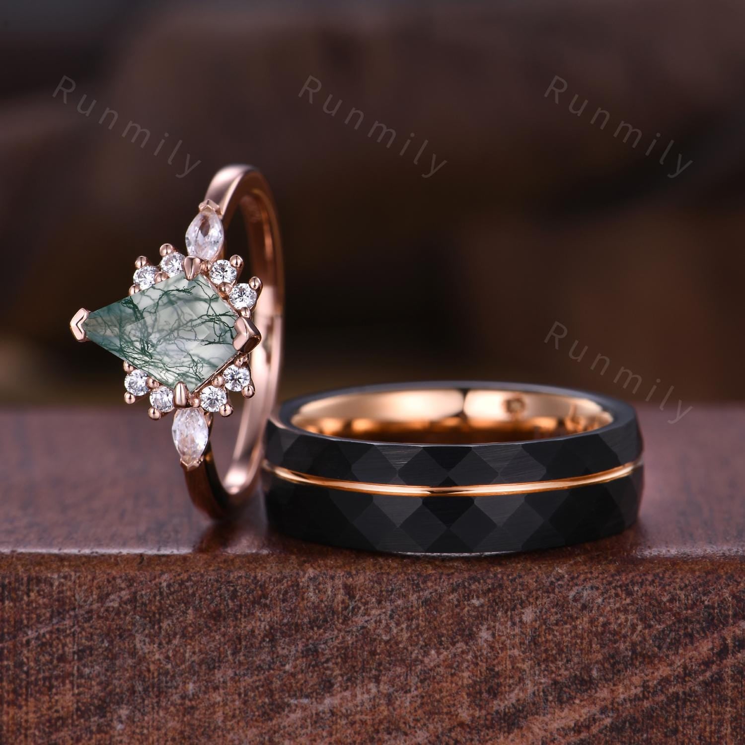 Vintage Moss Agate Couples Ring Rose Gold Matching Ring Set His and Hers Wedding Band Promise Ring For Men For Women Cluster Bridal Ring