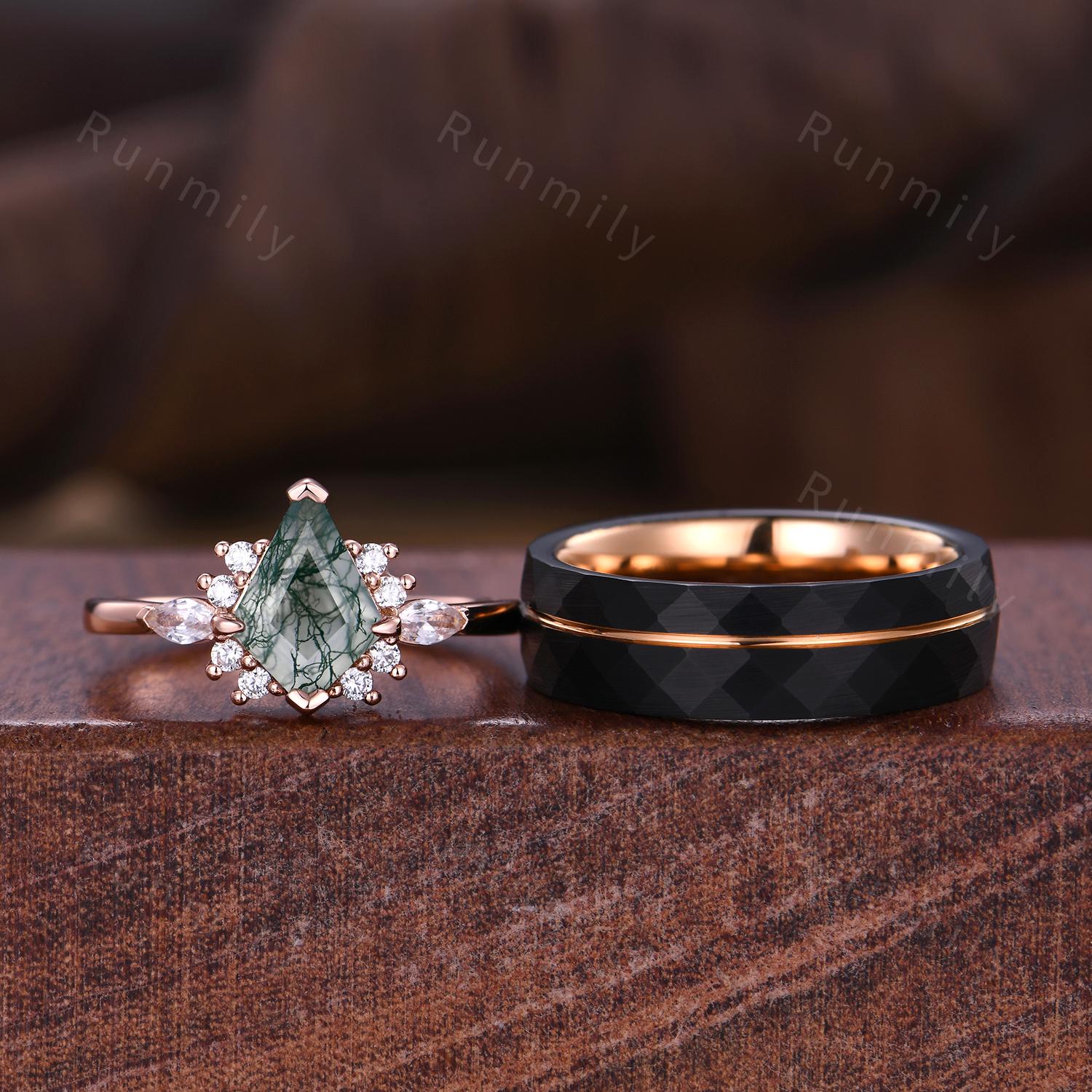 Vintage Moss Agate Couples Ring Rose Gold Matching Ring Set His and Hers Wedding Band Promise Ring For Men For Women Cluster Bridal Ring