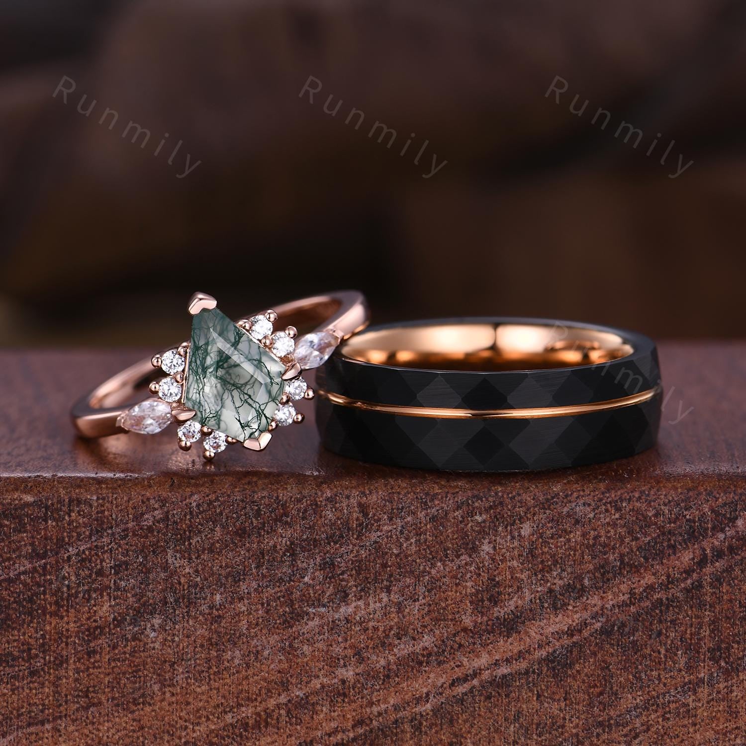 Vintage Moss Agate Couples Ring Rose Gold Matching Ring Set His and Hers Wedding Band Promise Ring For Men For Women Cluster Bridal Ring