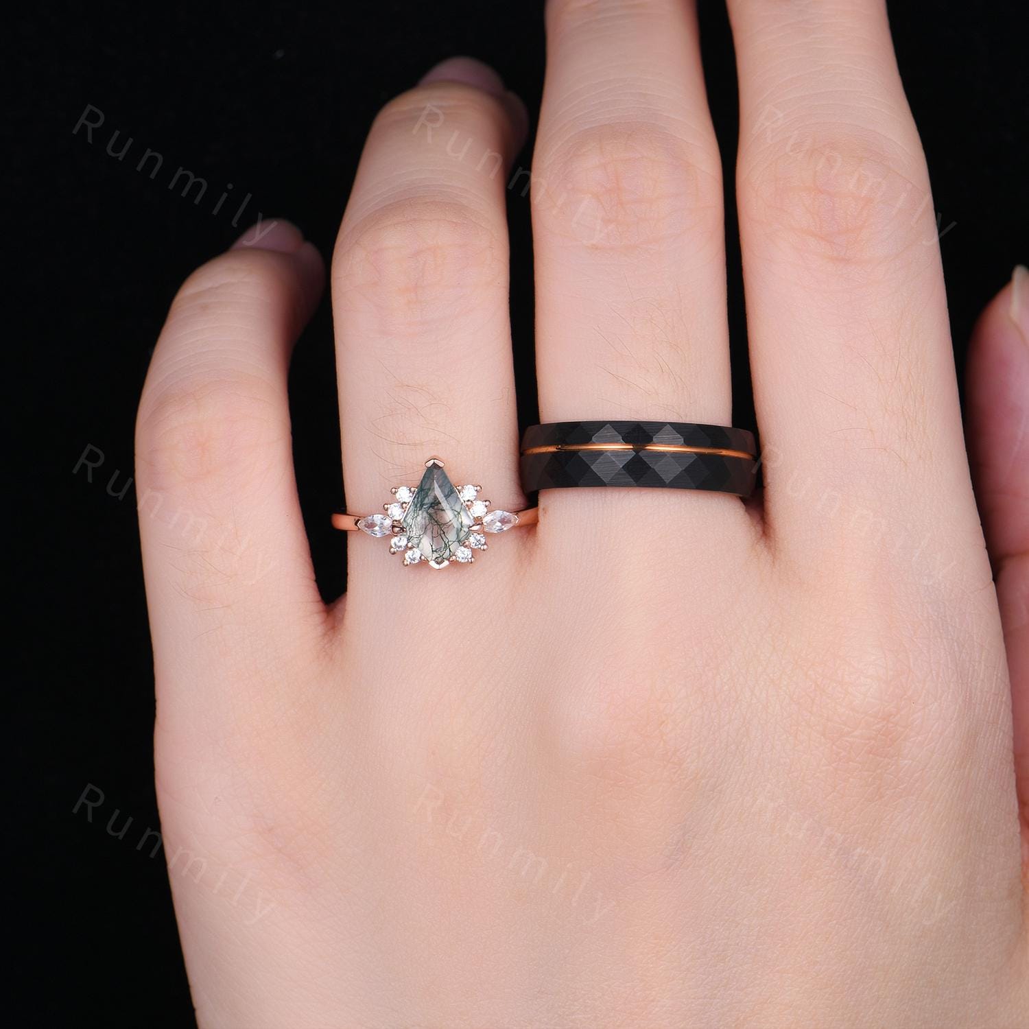 Vintage Moss Agate Couples Ring Rose Gold Matching Ring Set His and Hers Wedding Band Promise Ring For Men For Women Cluster Bridal Ring