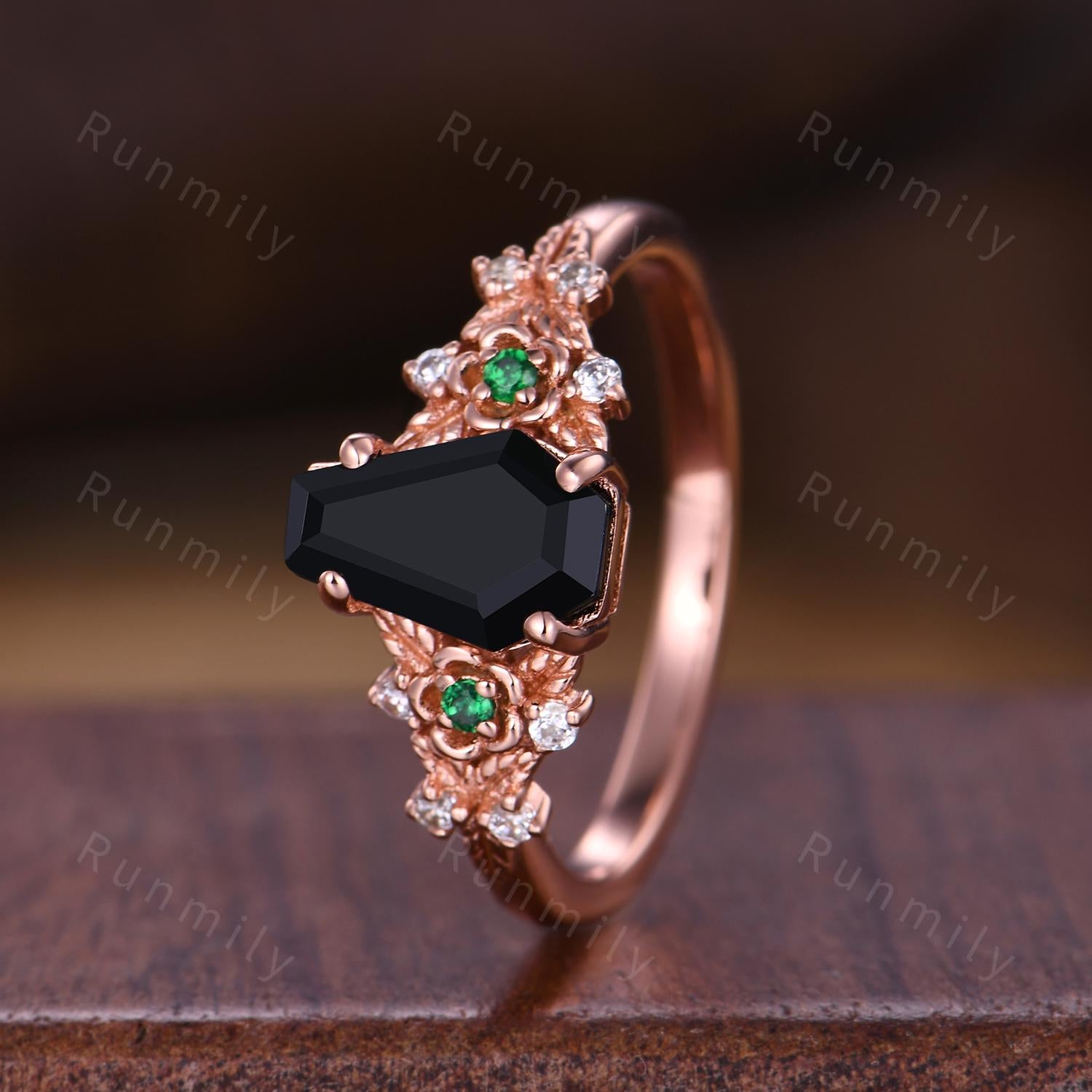 Coffin cut black onyx engagement ring unique leaf floral emerald ring Rose gold ring vintage nature inspired ring bridal promise ring