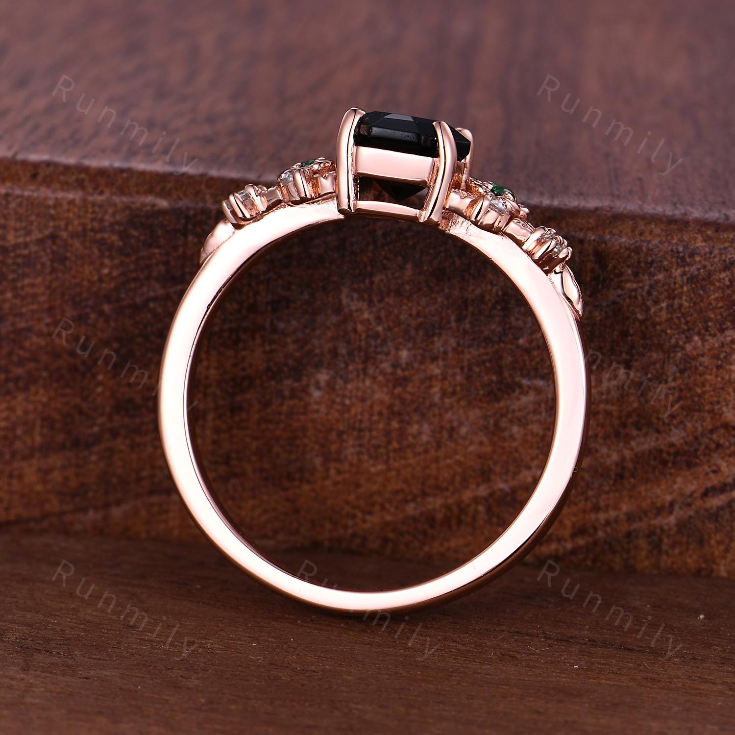 Coffin cut black onyx engagement ring unique leaf floral emerald ring Rose gold ring vintage nature inspired ring bridal promise ring