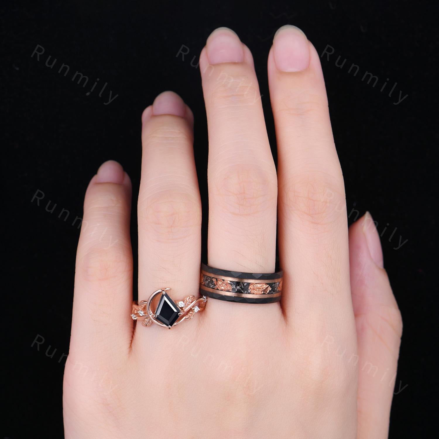 Kite cut black onyx couples ring set Unique moon style ring rose gold matching rings His and Hers wedding band Couple's anniversary gifts