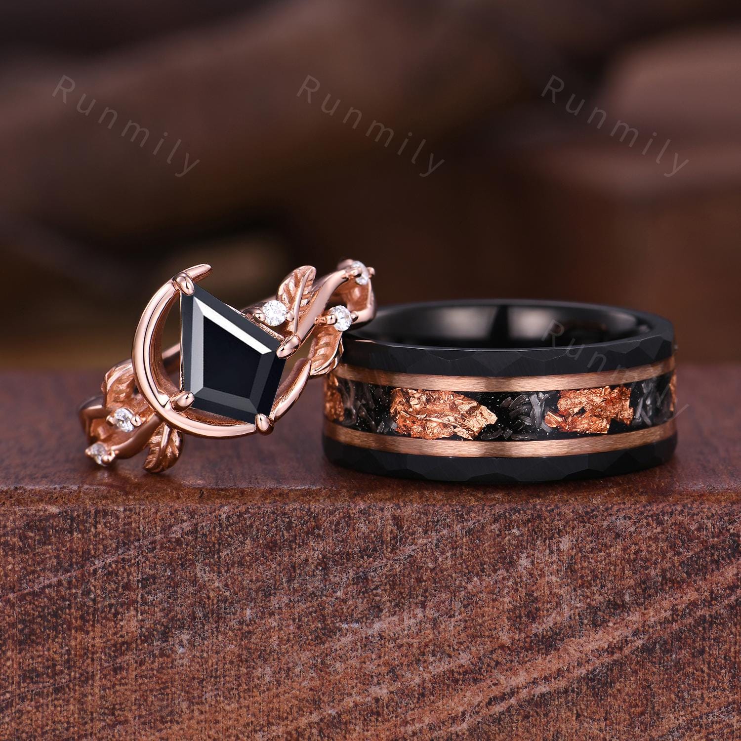 Kite cut black onyx couples ring set Unique moon style ring rose gold matching rings His and Hers wedding band Couple's anniversary gifts