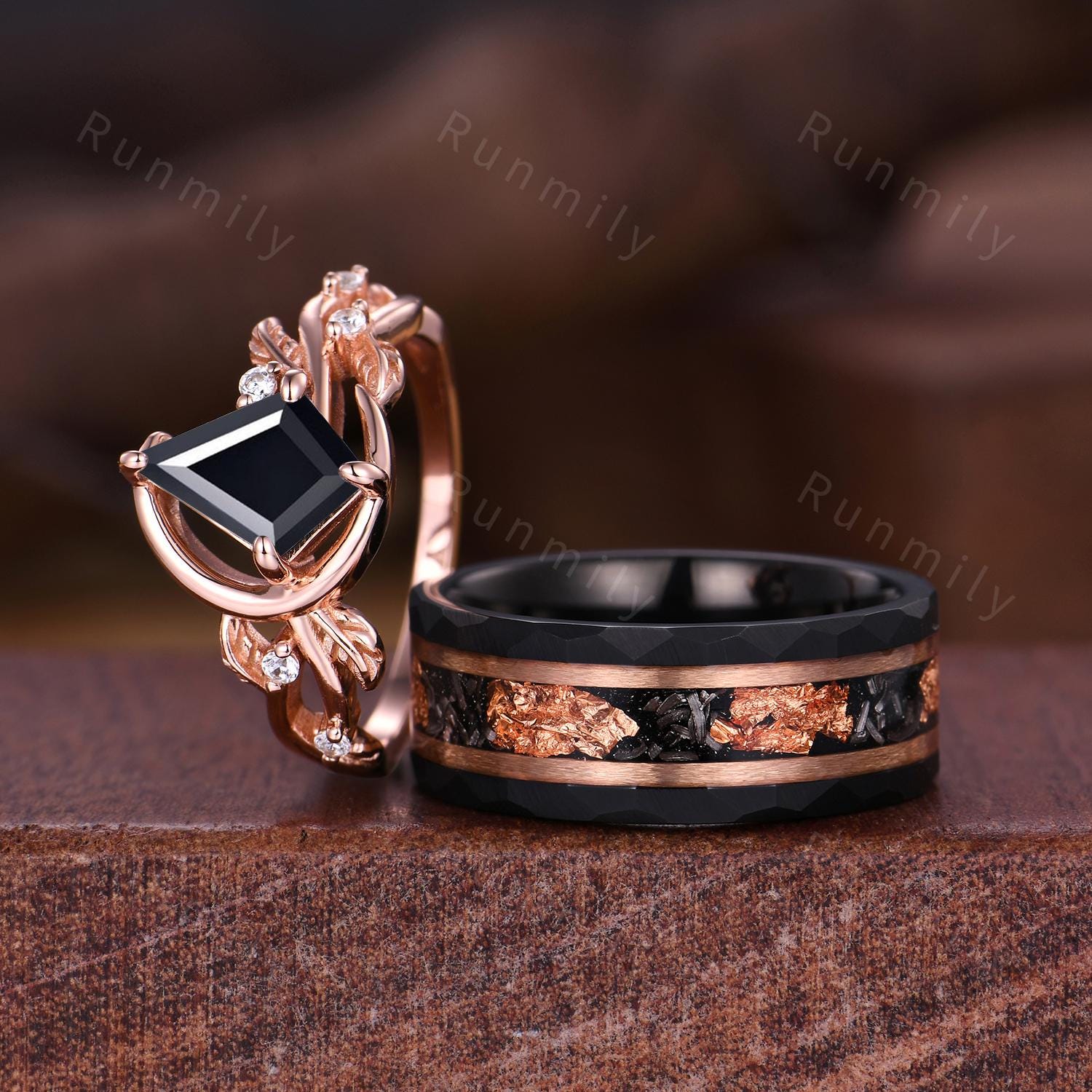 Kite cut black onyx couples ring set Unique moon style ring rose gold matching rings His and Hers wedding band Couple's anniversary gifts