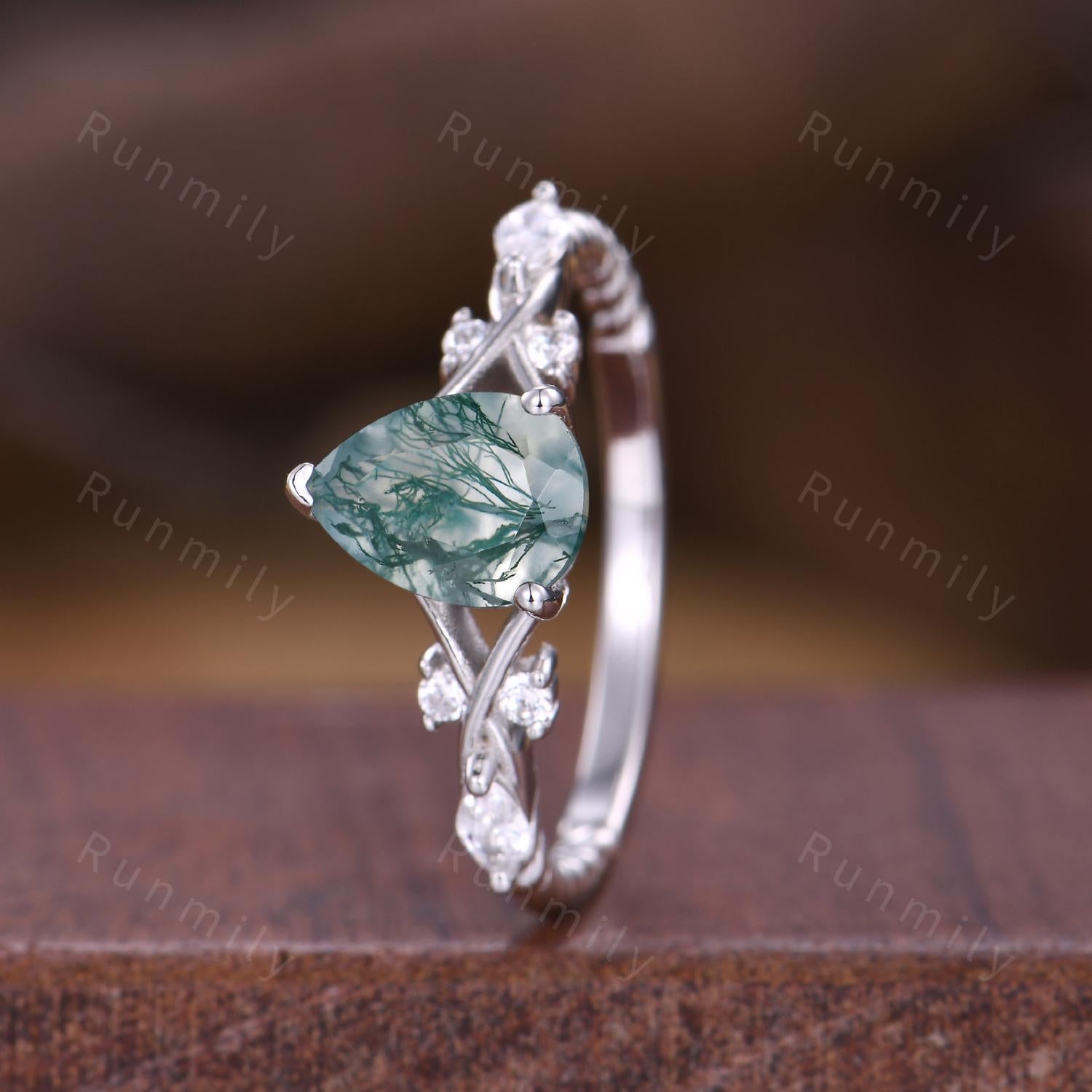 Pear shape moss agate ring vintage rose gold green agate engagement ring unique twig twisted moissanite wedding ring bridal promise ring