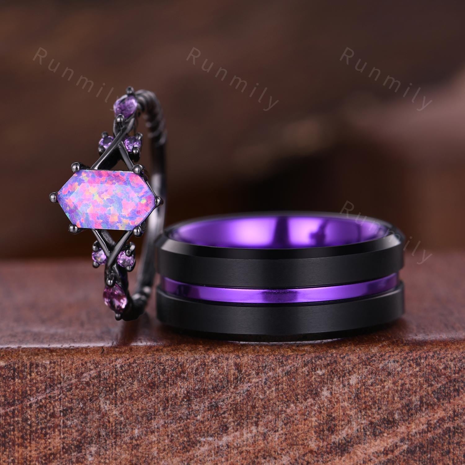 Purple Crab Nebula Couples Ring Set Vintage Lavender Opal Ring Black Gold His and Hers Wedding Band Promise Ring For Couple Purple Rings