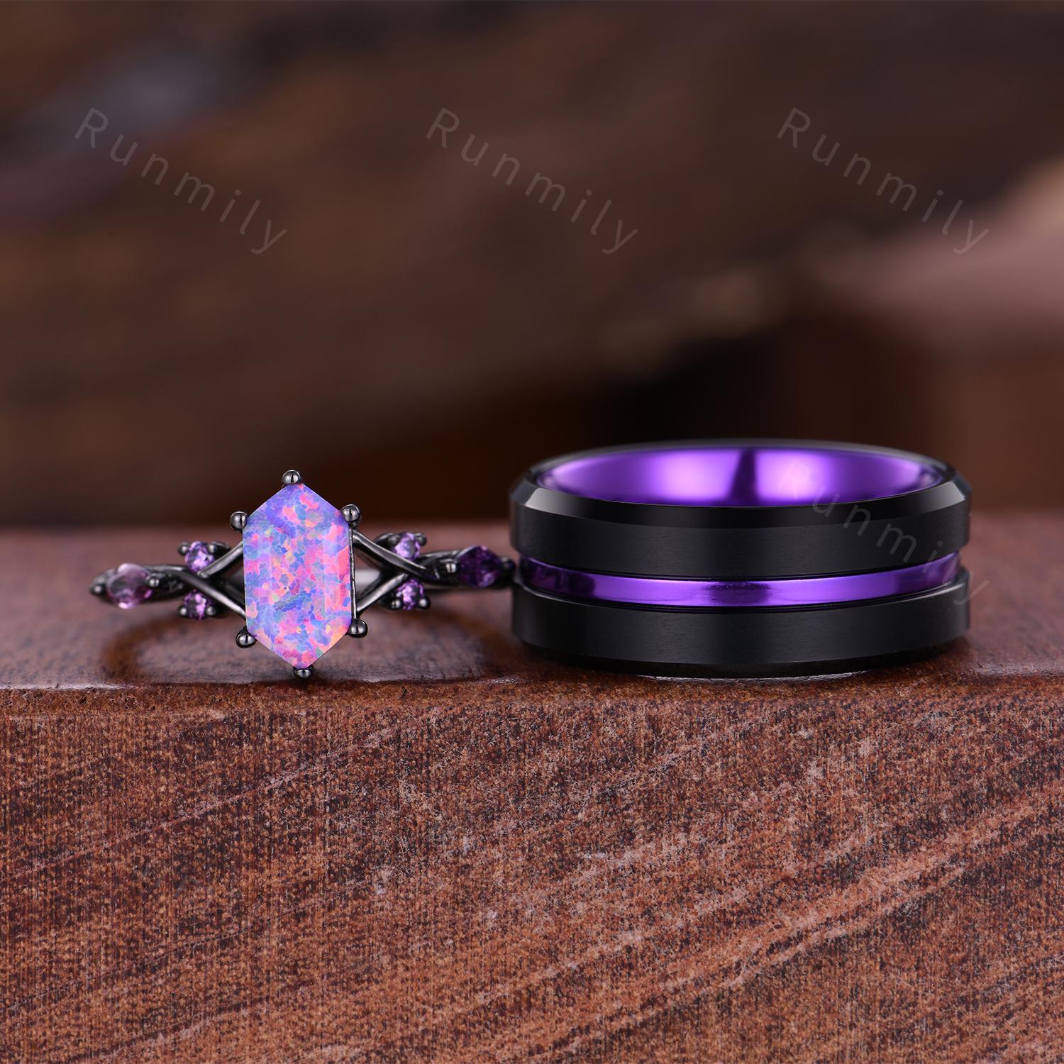 Purple Crab Nebula Couples Ring Set Vintage Lavender Opal Ring Black Gold His and Hers Wedding Band Promise Ring For Couple Purple Rings