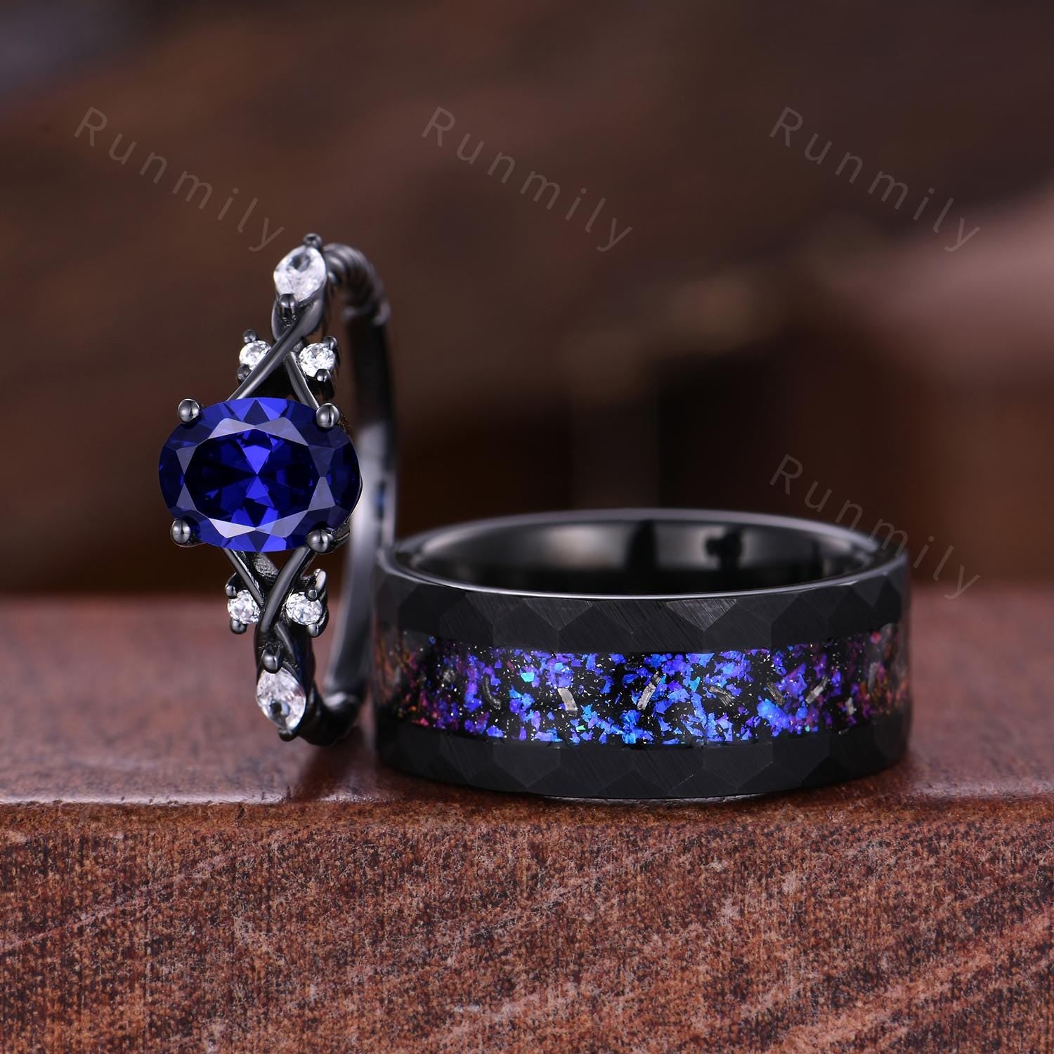 Orion Nebula Ring Set Oval Cut Blue Saphire Engagement Ring Gothic Black Gold Matching Ring Set His And Hers Band Outer Space Couple Ring
