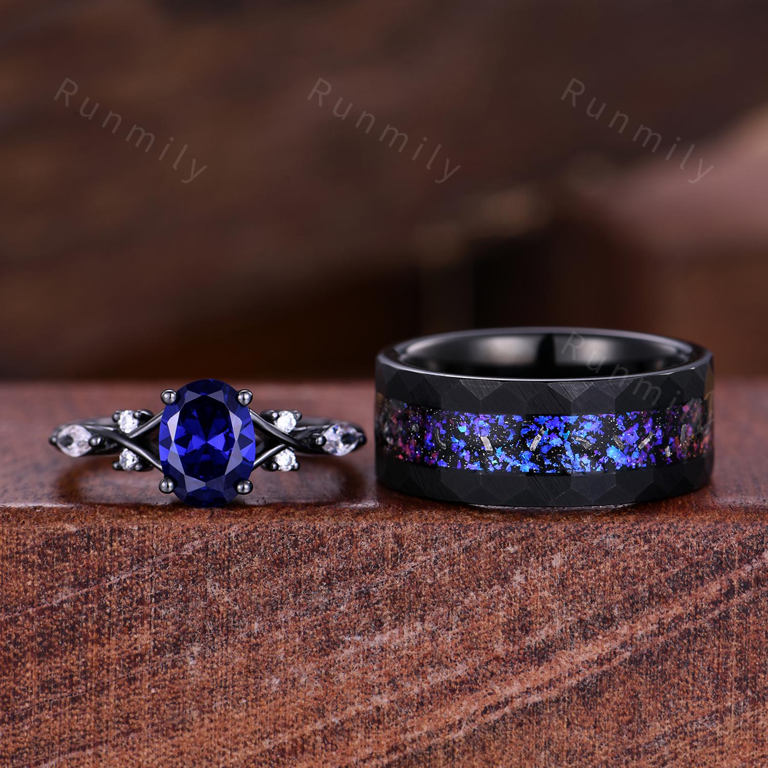 Orion Nebula Ring Set Oval Cut Blue Saphire Engagement Ring Gothic Black Gold Matching Ring Set His And Hers Band Outer Space Couple Ring