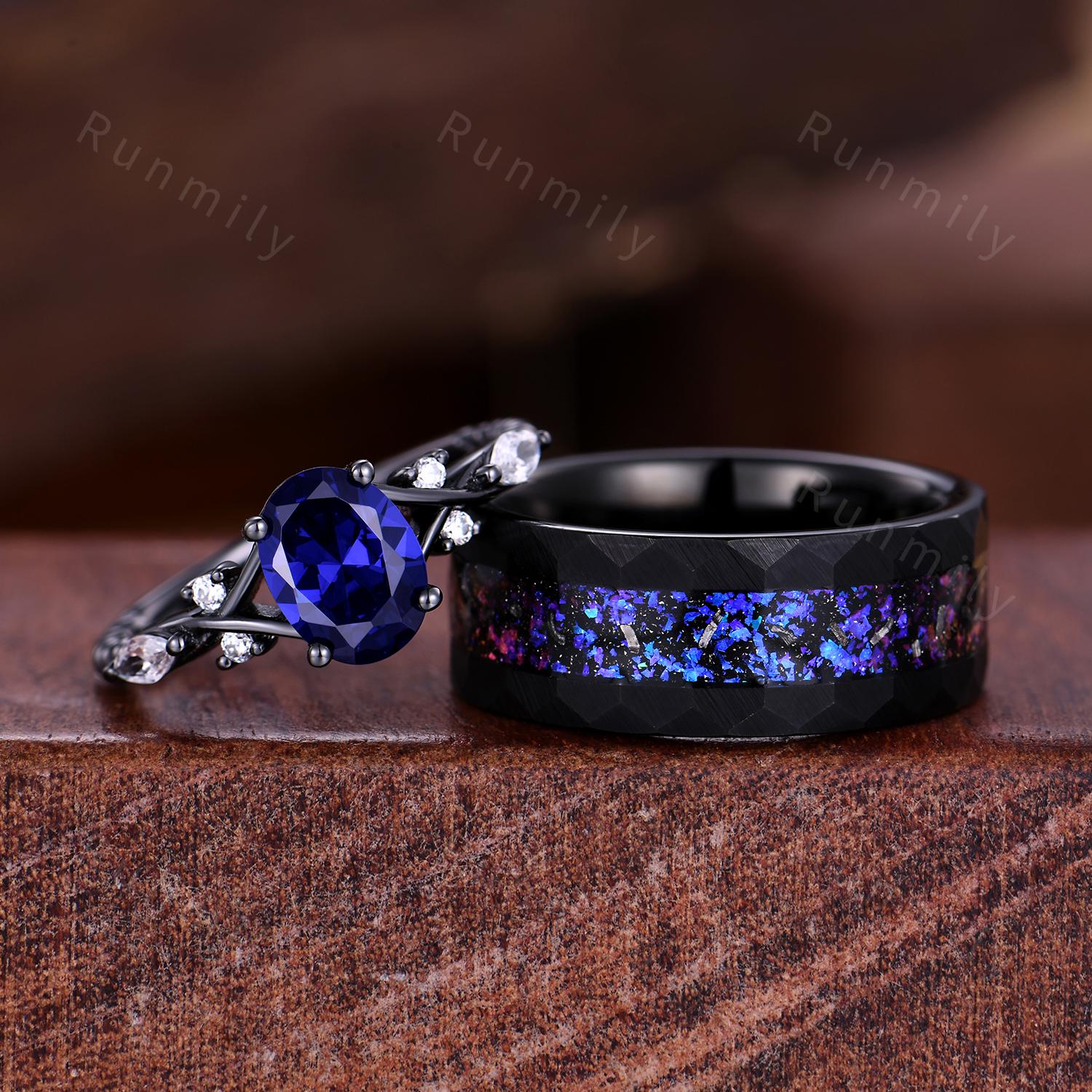 Orion Nebula Ring Set Oval Cut Blue Saphire Engagement Ring Gothic Black Gold Matching Ring Set His And Hers Band Outer Space Couple Ring