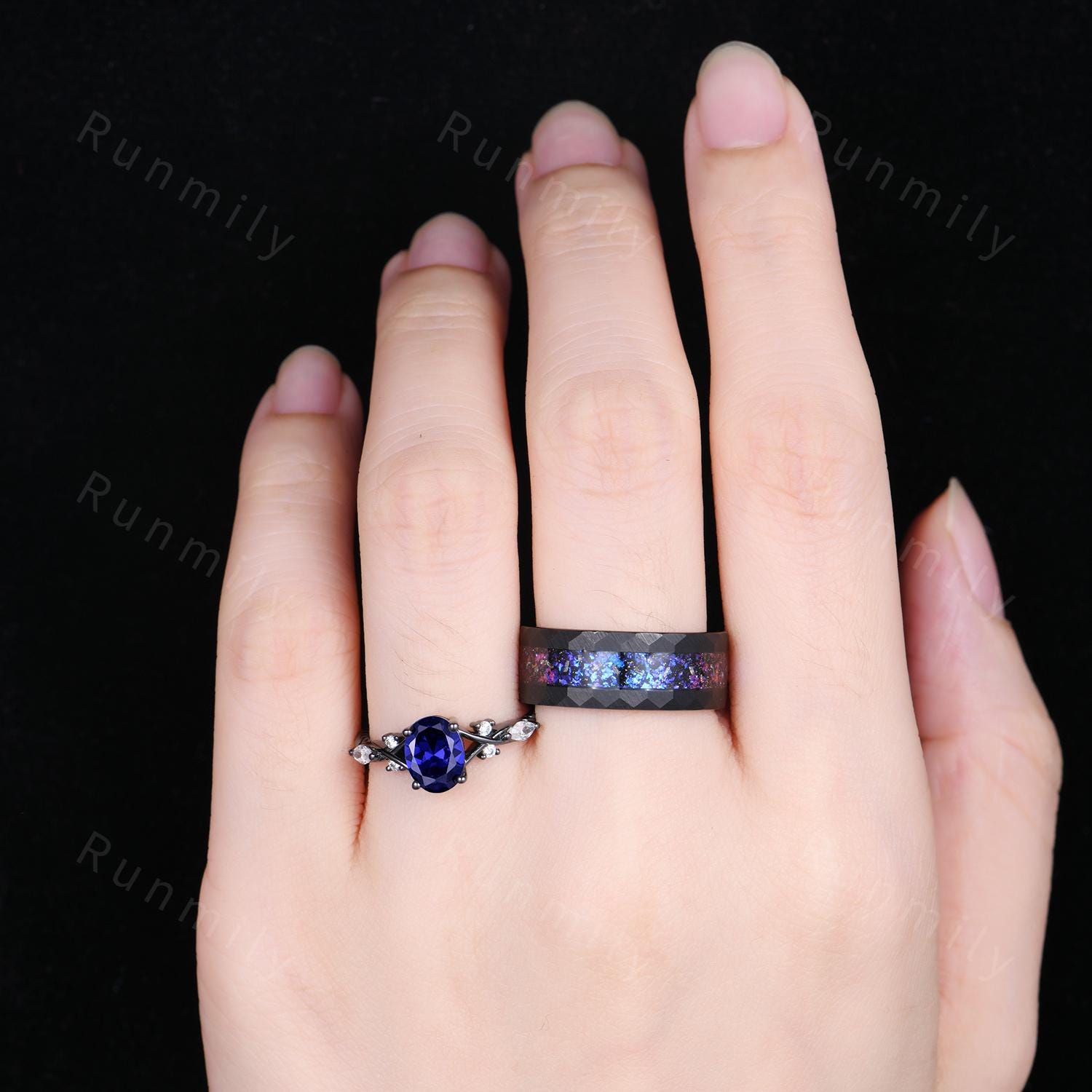 Orion Nebula Ring Set Oval Cut Blue Saphire Engagement Ring Gothic Black Gold Matching Ring Set His And Hers Band Outer Space Couple Ring
