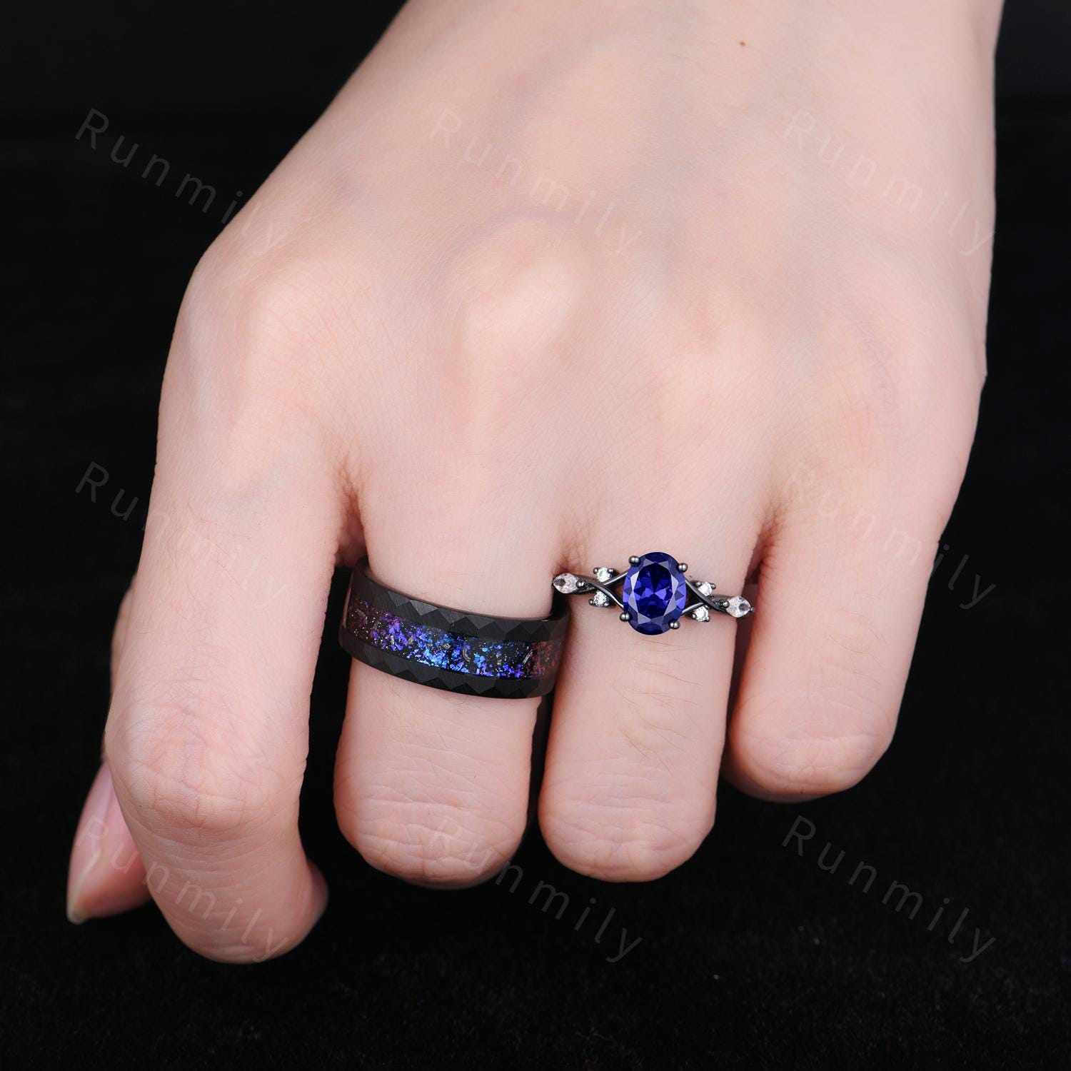 Orion Nebula Ring Set Oval Cut Blue Saphire Engagement Ring Gothic Black Gold Matching Ring Set His And Hers Band Outer Space Couple Ring