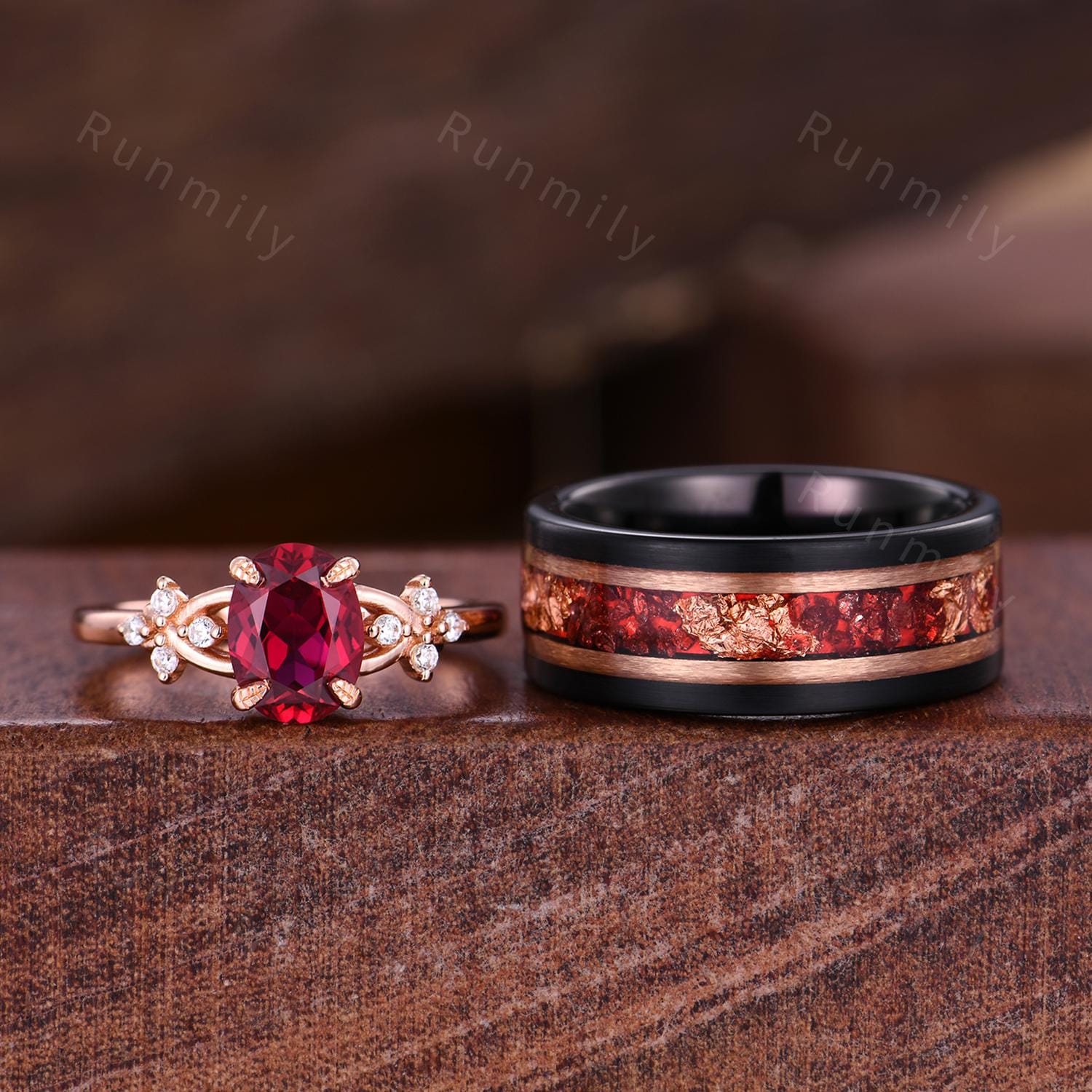 Oval cut Ruby couples ring set rose gold matching promise ring vintage His and Hers wedding band Mens Tungsten ring July birthstone gifts