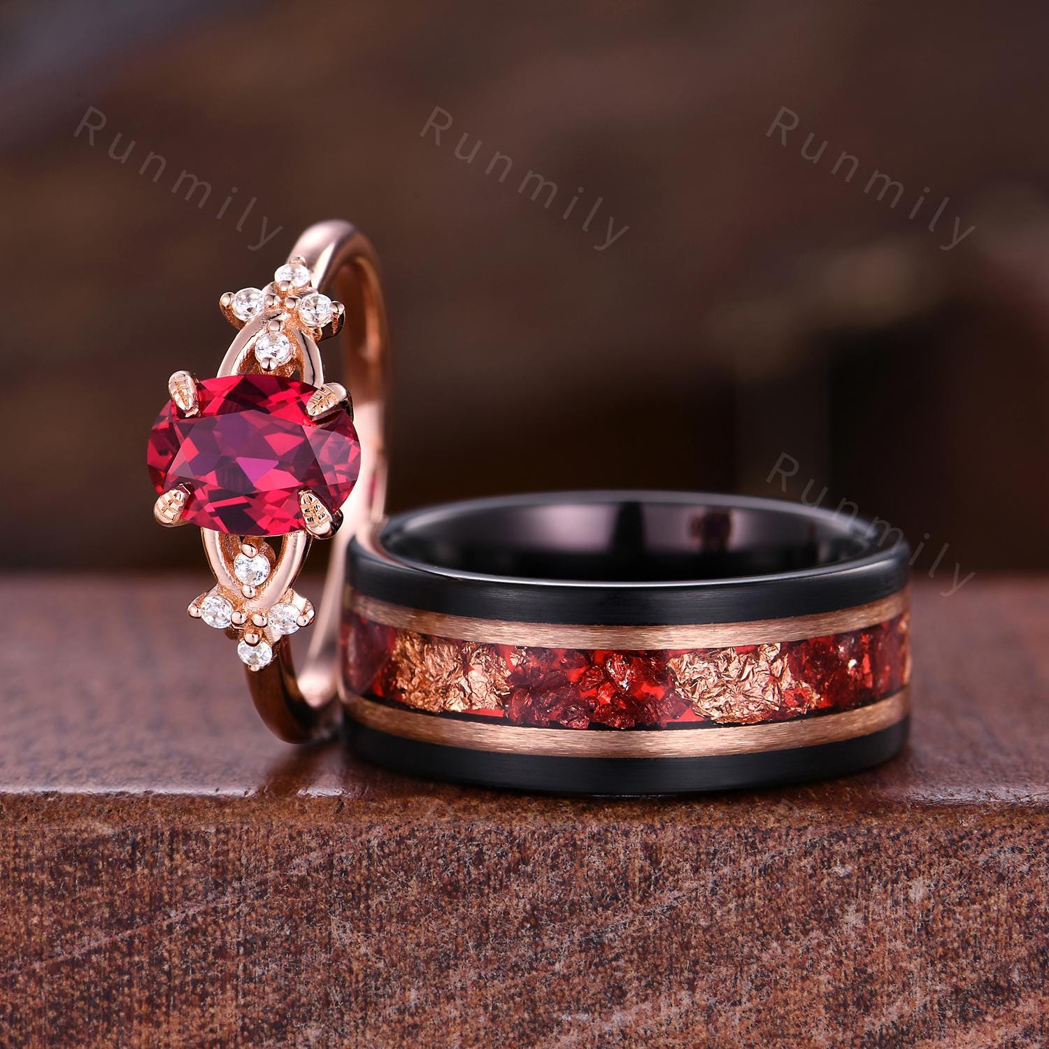 Oval cut Ruby couples ring set rose gold matching promise ring vintage His and Hers wedding band Mens Tungsten ring July birthstone gifts