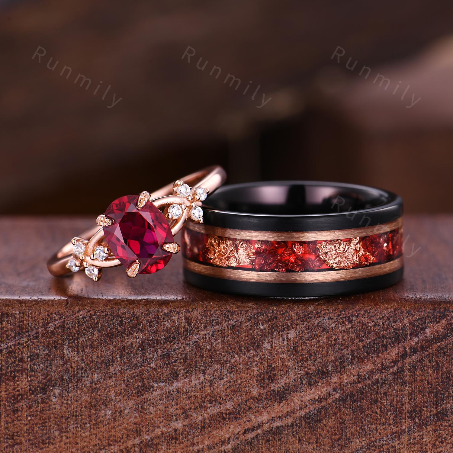 Oval cut Ruby couples ring set rose gold matching promise ring vintage His and Hers wedding band Mens Tungsten ring July birthstone gifts