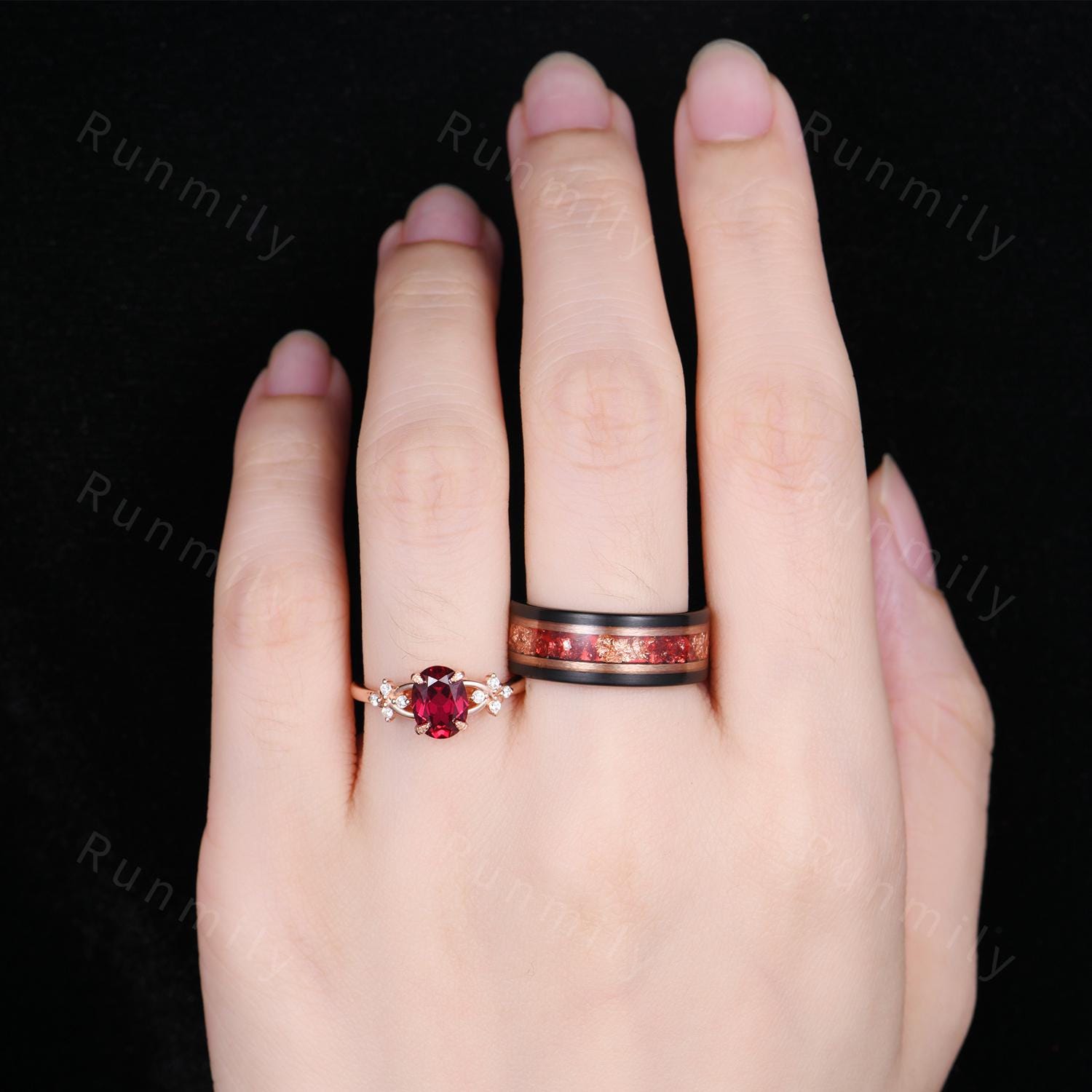 Oval cut Ruby couples ring set rose gold matching promise ring vintage His and Hers wedding band Mens Tungsten ring July birthstone gifts
