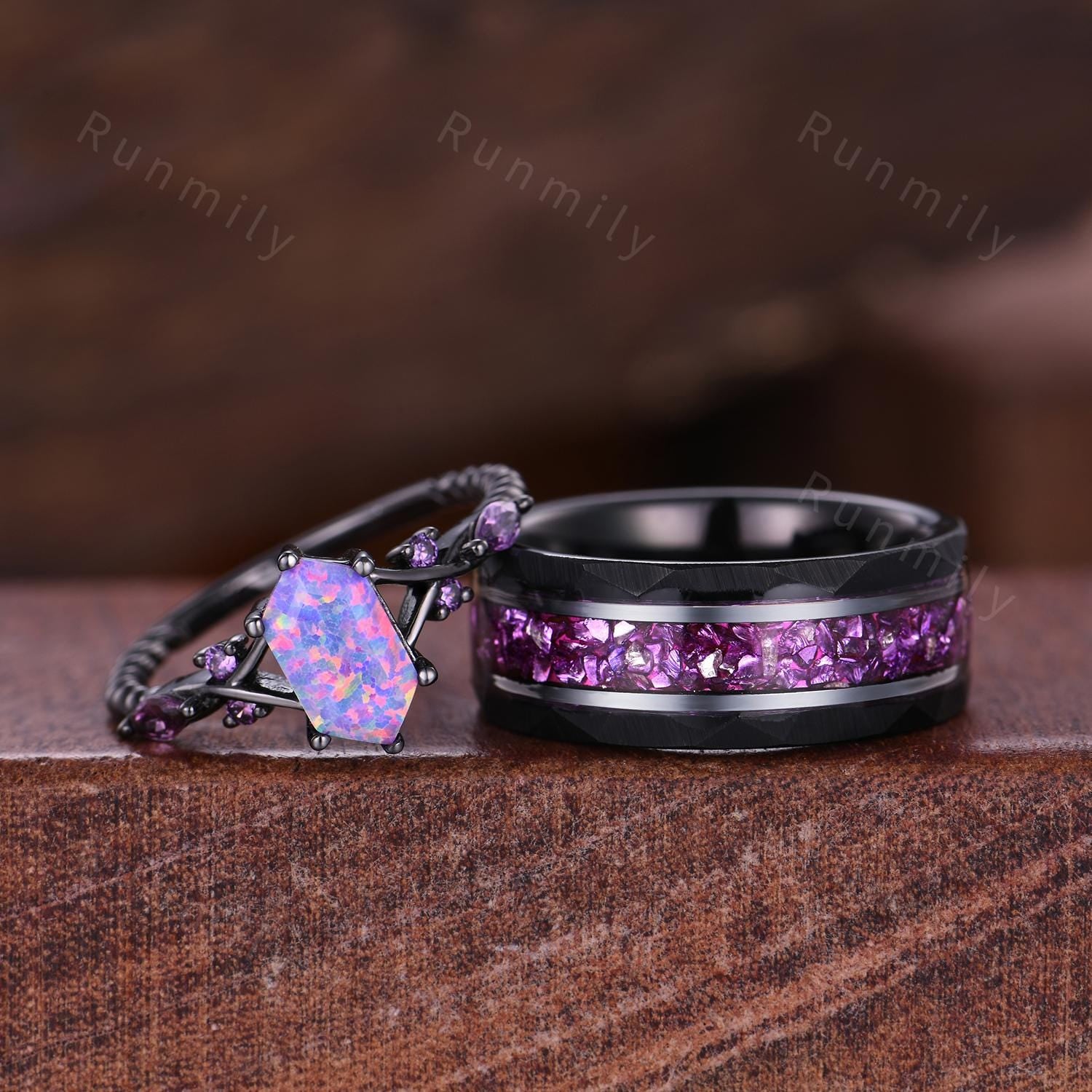 Purple Nebula Couples Ring Set Black Gold Lavender Opal Ring Vintage His and Hers Wedding Band Mens Crushed Amethyst Ring Opal Amethyst Ring