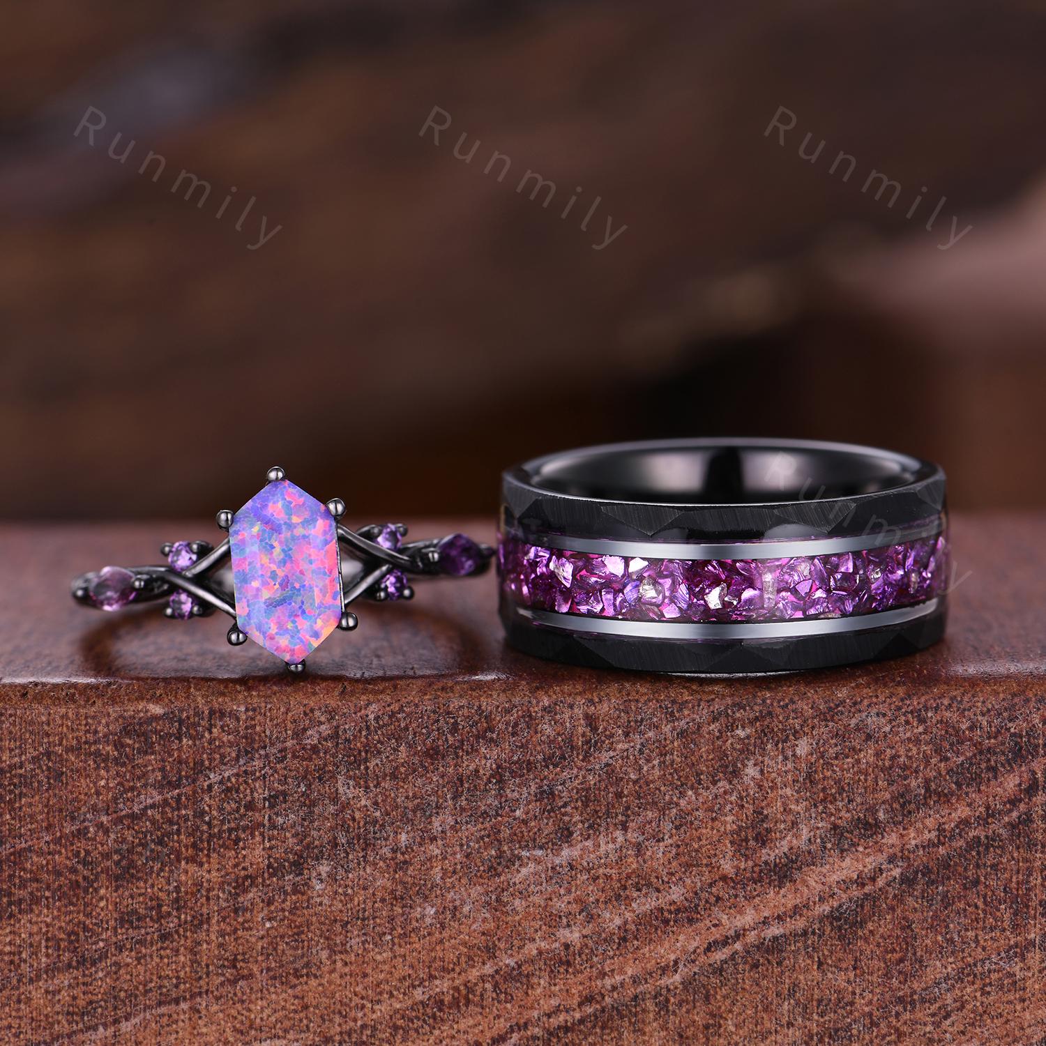 Purple Nebula Couples Ring Set Black Gold Lavender Opal Ring Vintage His and Hers Wedding Band Mens Crushed Amethyst Ring Opal Amethyst Ring
