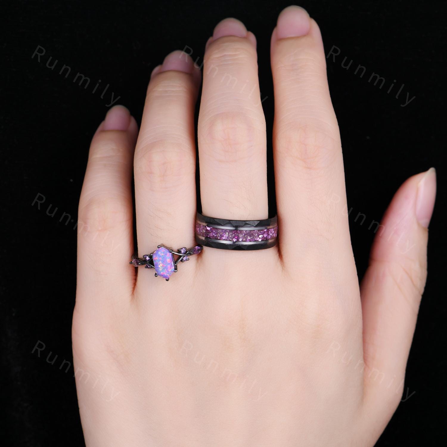 Purple Nebula Couples Ring Set Black Gold Lavender Opal Ring Vintage His and Hers Wedding Band Mens Crushed Amethyst Ring Opal Amethyst Ring