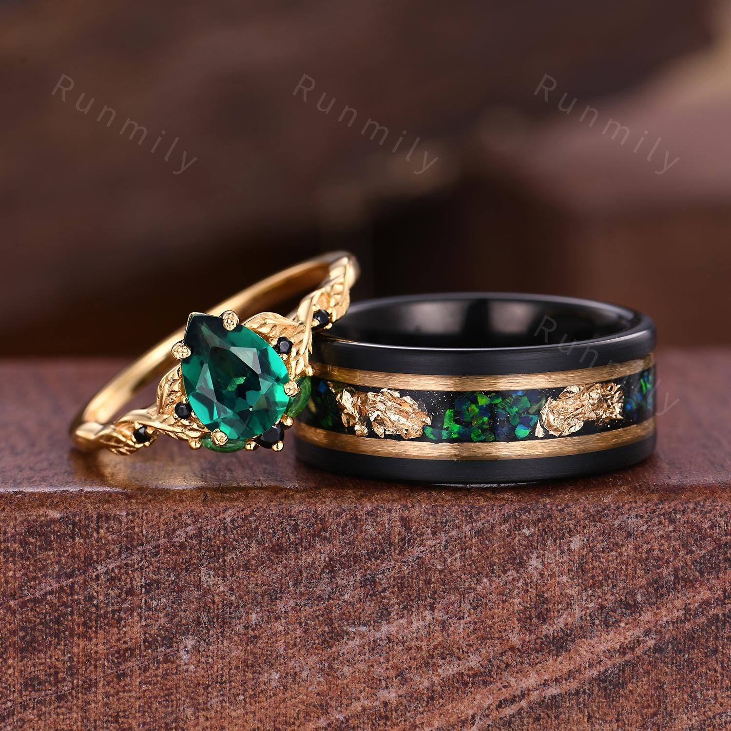 Vintage Emerald Couples Ring Yellow Gold Matching Ring Set Vine Leaf Ring His and Hers Wedding Band Mens Tungsten Ring May Birthstone Rings