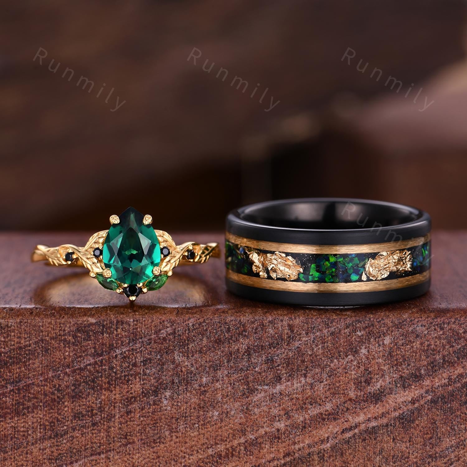 Vintage Emerald Couples Ring Yellow Gold Matching Ring Set Vine Leaf Ring His and Hers Wedding Band Mens Tungsten Ring May Birthstone Rings