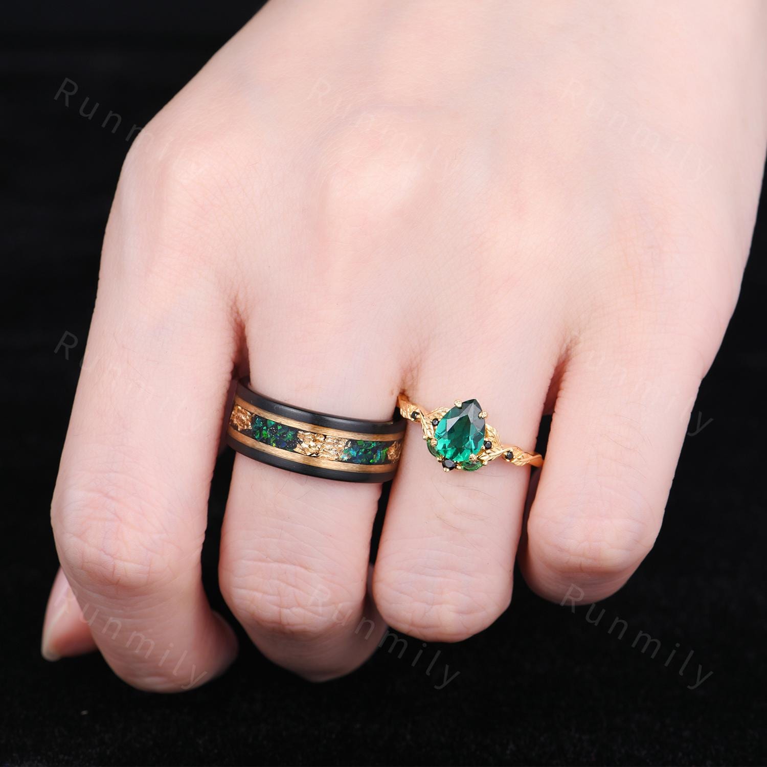 Vintage Emerald Couples Ring Yellow Gold Matching Ring Set Vine Leaf Ring His and Hers Wedding Band Mens Tungsten Ring May Birthstone Rings