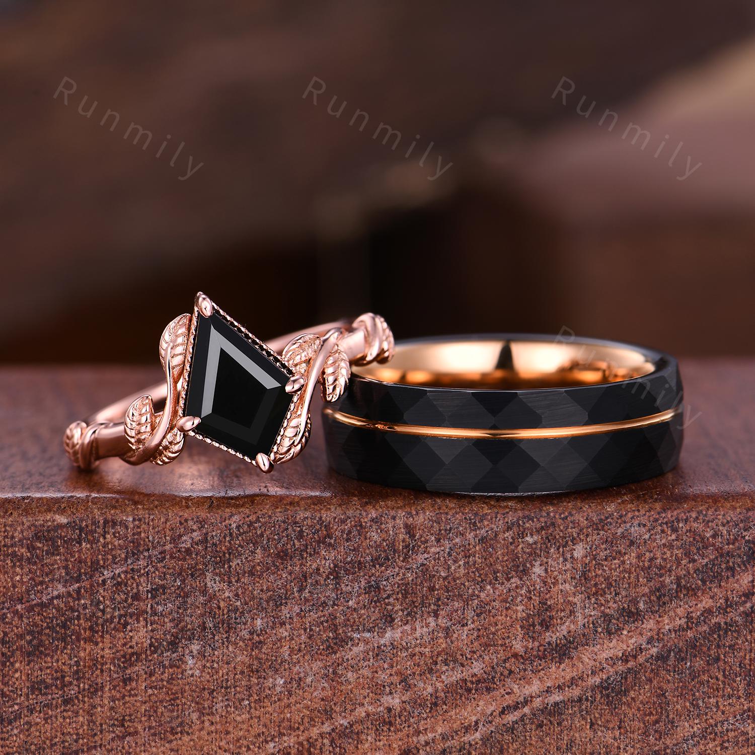Vine Leaf Black Onyx Couples Ring Rose Gold Matching Ring Set His and Hers Wedding Band Promise Ring For Men For Women Kite Cut Ring