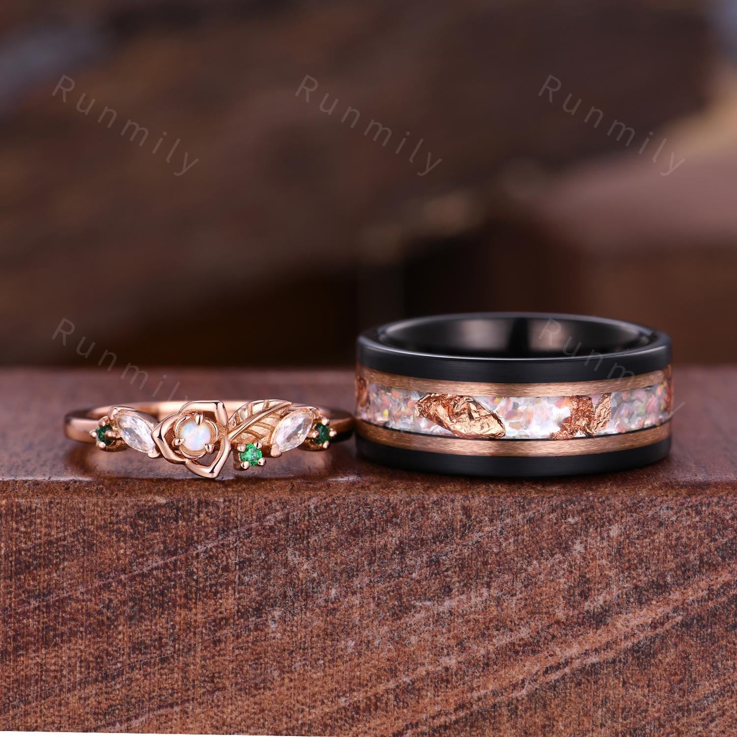 Vintage Opal Couple Bands Rose Gold His and Her Wedding Band Mens Opal Ring Floral Leaf Ring Promise Ring For Couple October Birthstone Gift