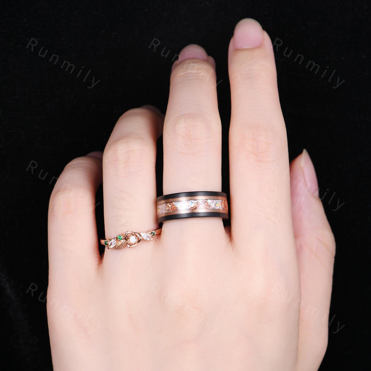 Vintage Opal Couple Bands Rose Gold His and Her Wedding Band Mens Opal Ring Floral Leaf Ring Promise Ring For Couple October Birthstone Gift